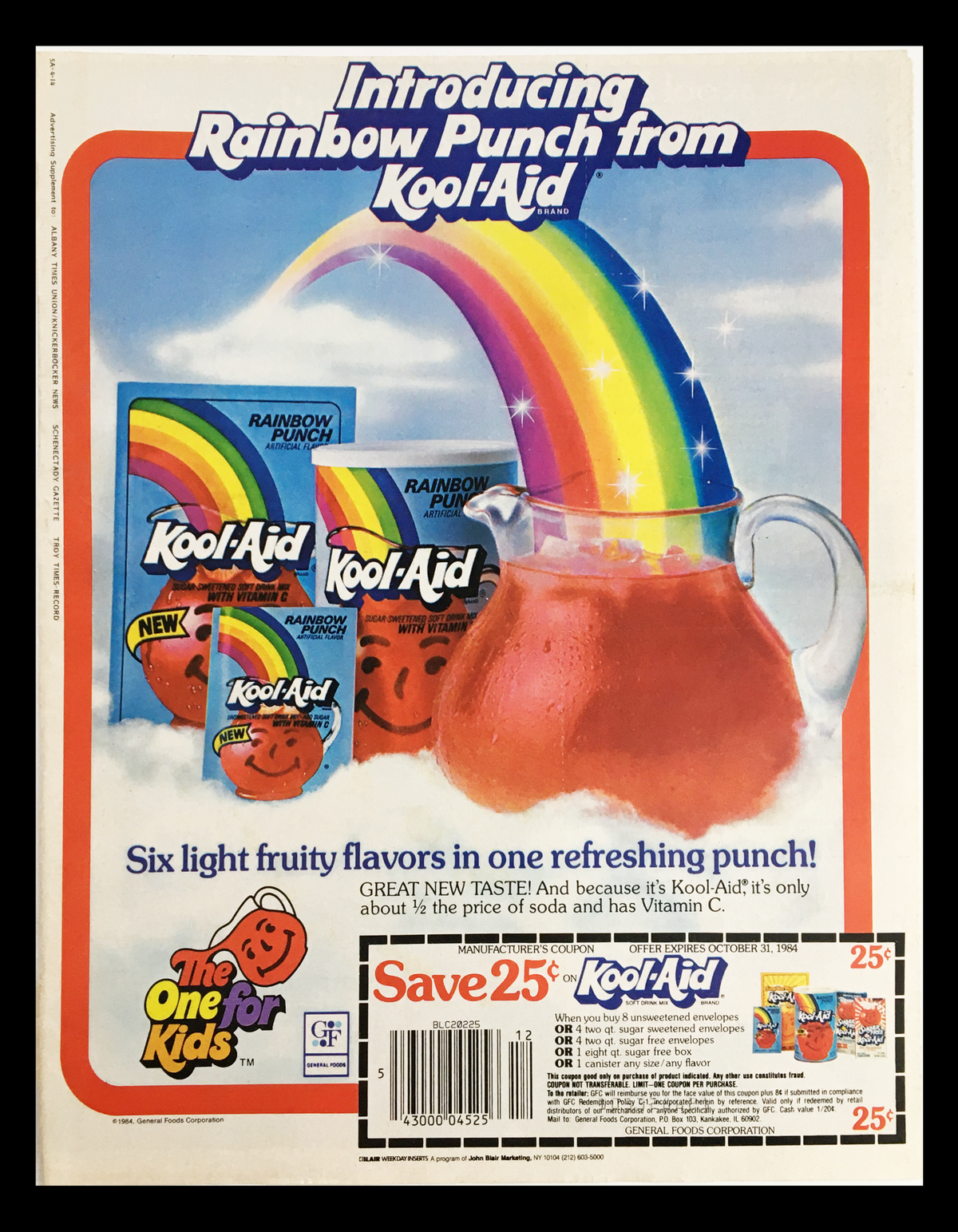 1984 Kool-Aid Rainbow Punch Circular Coupon Advertisement showcasing the vibrant Rainbow Punch flavors with a glass pitcher of the colorful drink. Features promotional text and images of Kool-Aid products.