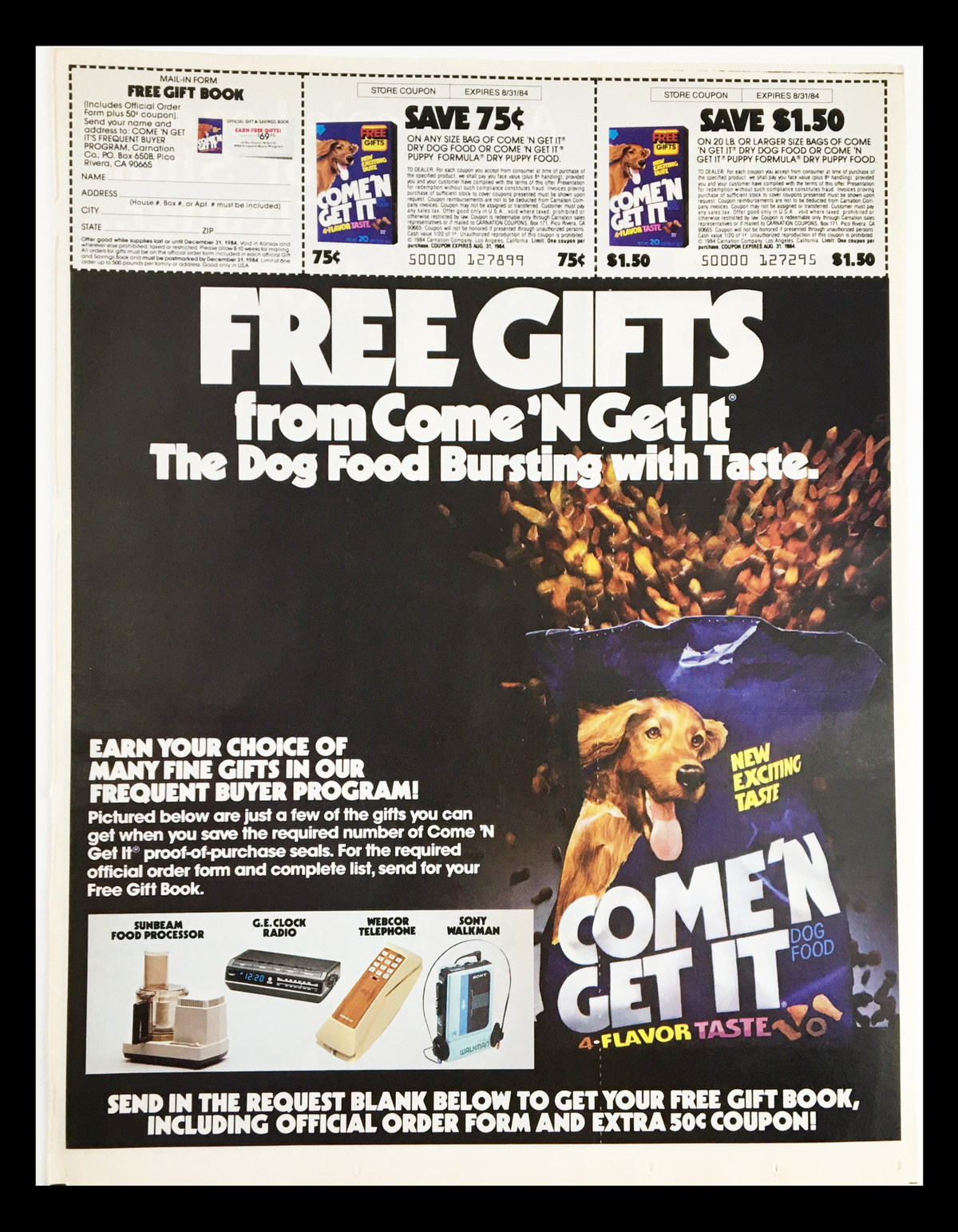1984 Come 'N Get It 4-Flavor Taste Dog Food Circular Coupon Advertisement featuring a dog and promotions for savings on dog food.