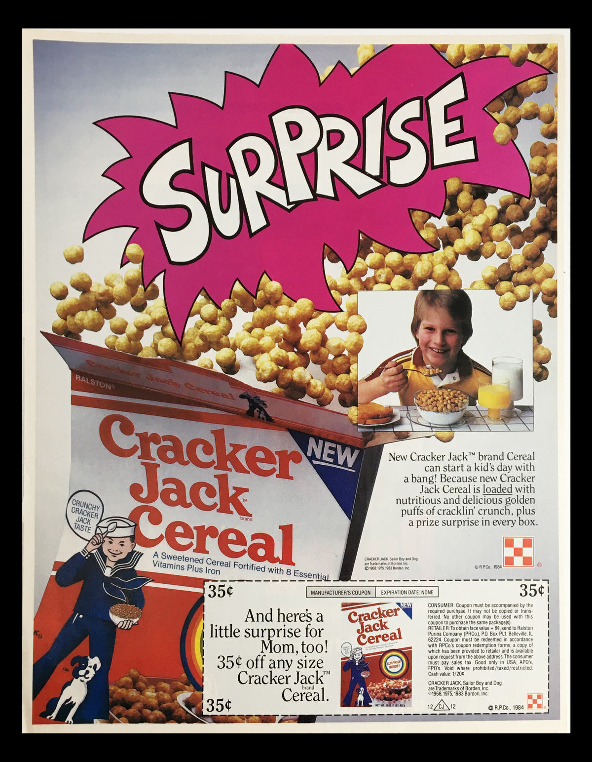 1984 Cracker Jack Brand Cereal Circular Coupon Advertisement featuring a colorful 'SURPRISE' graphic and a child enjoying Cracker Jack Cereal, showcasing the product box and coupon details.