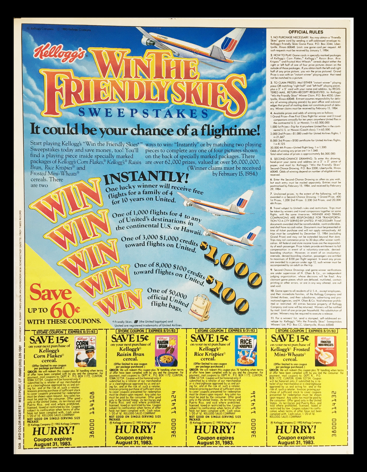 1983 Kellogg's Win The Friendly Skies Sweepstakes Circular Coupon Advertisement showcasing a colorful flight theme with a prominent 'WIN' message, featuring details about prizes and coupon offers.