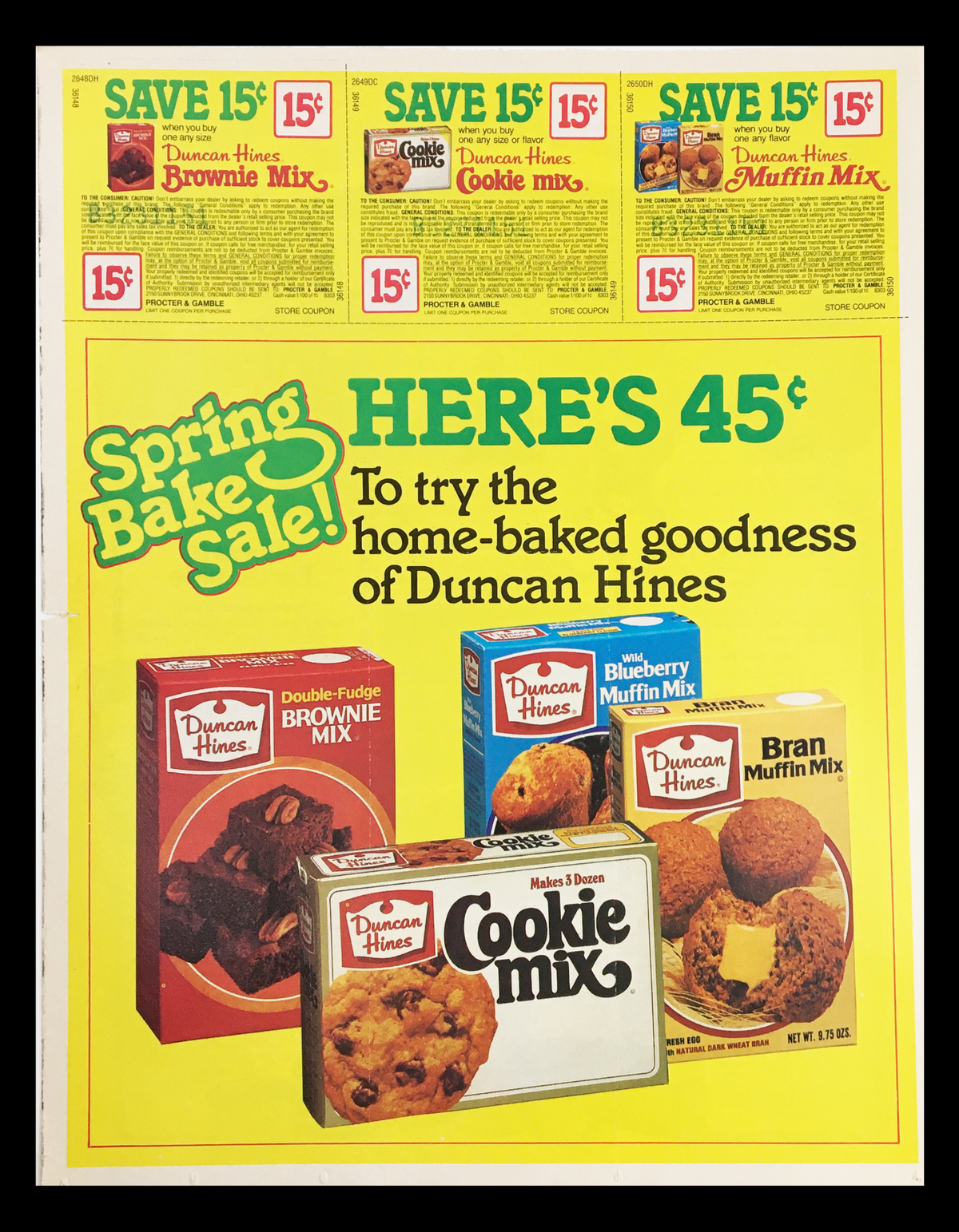 1980 Duncan Hines Spring Bake Sale Circular Coupon Advertisement showcasing various baking mixes including Brownie Mix, Cookie Mix, and Bran Muffin Mix, with a colorful layout promoting home-baked goodness.