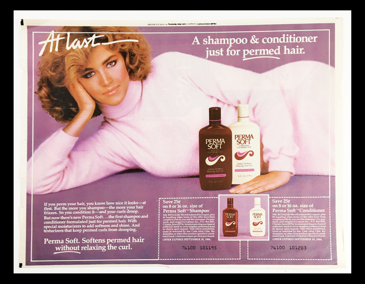Original 1984 Perma Soft Shampoo & Conditioner advertisement featuring a model with curly hair, showcasing products for permed hair care against a vibrant purple background.
