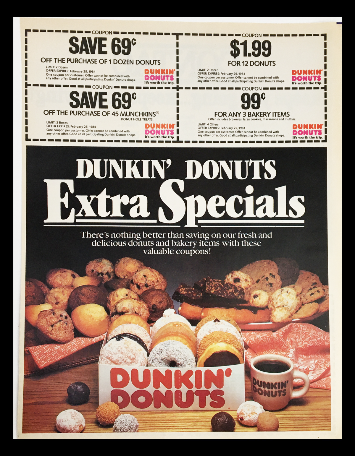 1984 Dunkin Donut's Extra Specials Circular Coupon Advertisement featuring various donuts and bakery items with promotional savings. The advertisement highlights coupons for discounts on donuts and munchkins, showcasing the Dunkin' Donuts logo and a coffee mug.