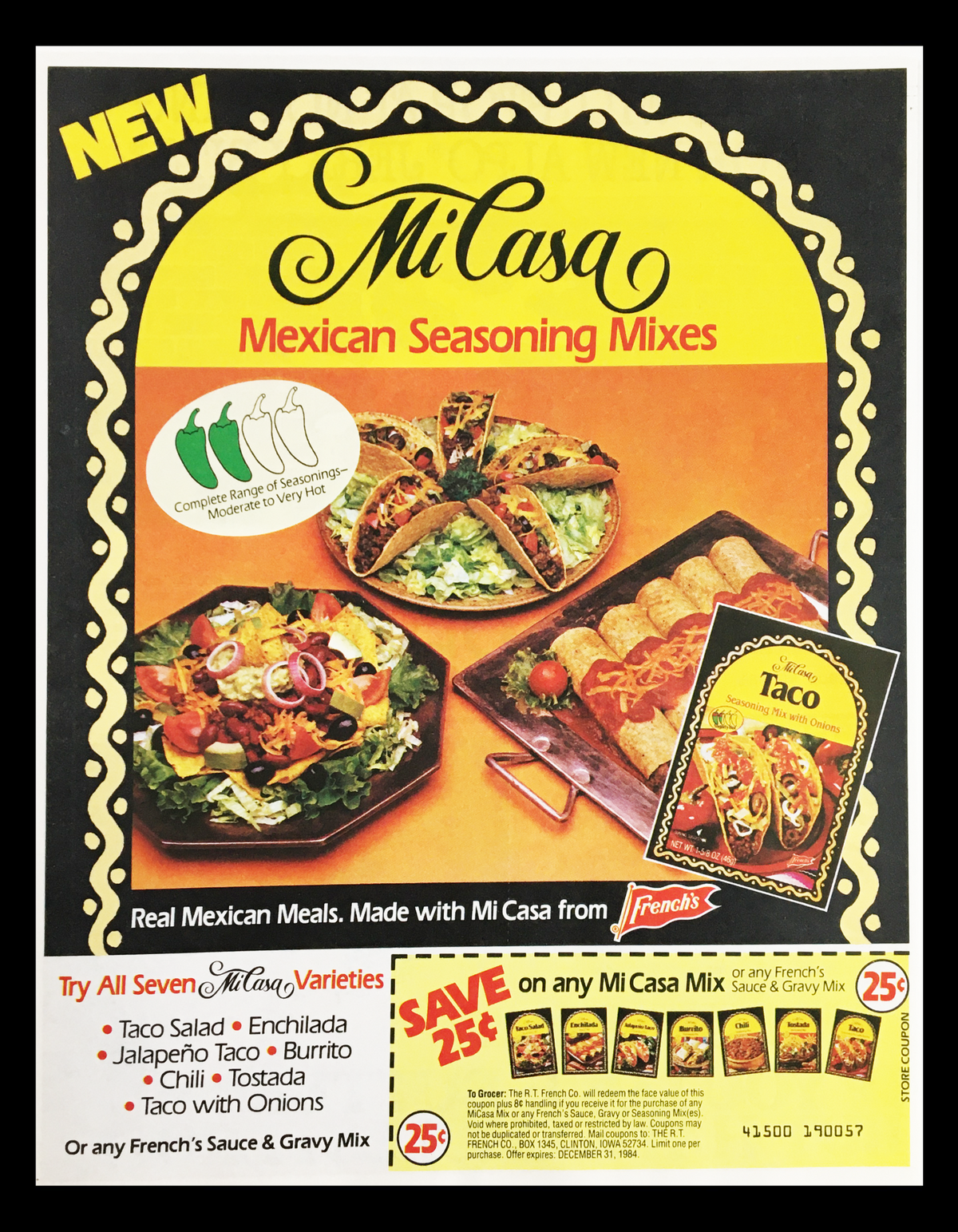 1984 Mi Casa Mexican Seasoning Mixes Circular Coupon Advertisement showcasing various Mexican dishes including tacos and burritos, featuring promotional details on seasoning mixes. Good condition with original front and back included.