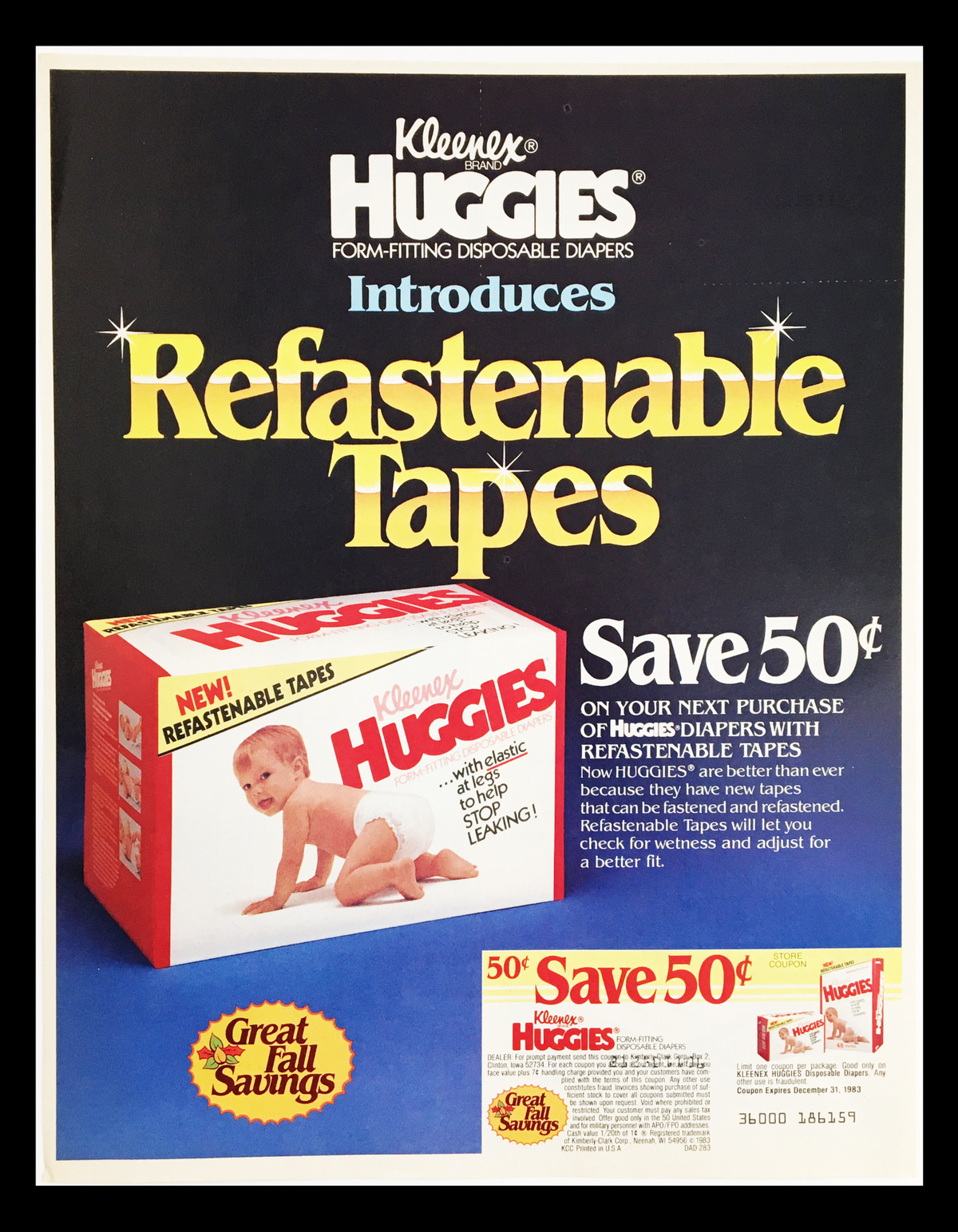 1983 Kleenex Brand Huggies Diapers Circular Coupon Advertisement showcasing a baby with Huggies diapers, highlighting refastenability and a 50 cent savings coupon.