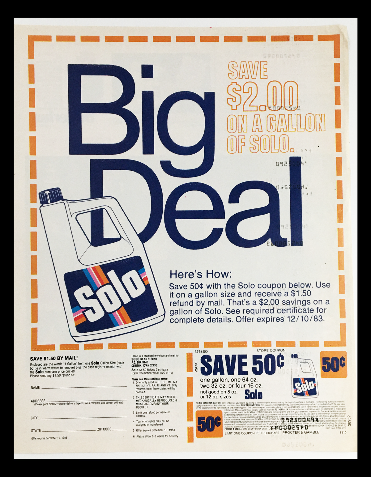 1983 Solo Gallon Size Soak Bottle Circular Coupon Advertisement featuring a bold headline 'Big Deal' with promotional details about saving $2 on a gallon of Solo, coupon expiration date, and instructions for use.
