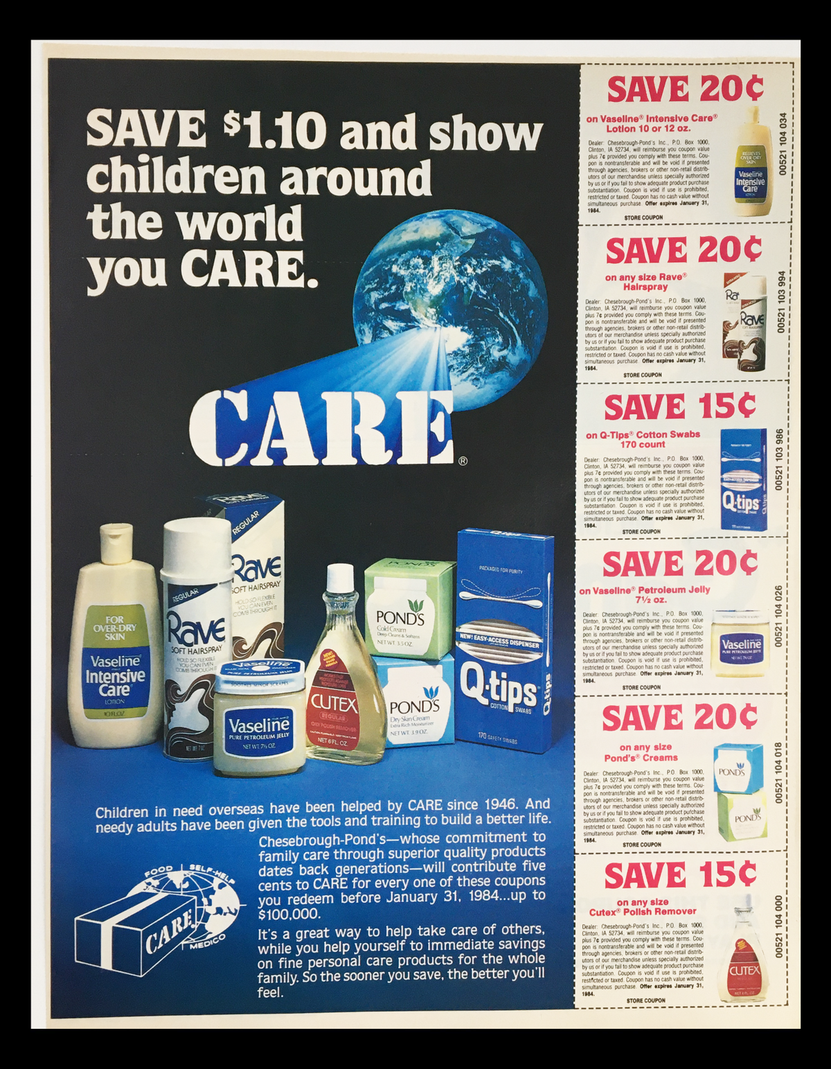 1984 Care Children's Products Circular Coupon Advertisement showcasing various children's care items with promotional savings. The advertisement emphasizes caring for children around the world and features brands like Vaseline, Pond's, and Q-tips. Original design from 1984 in good condition, measuring 11 1/4 x 8 3/4. Coupon expired.