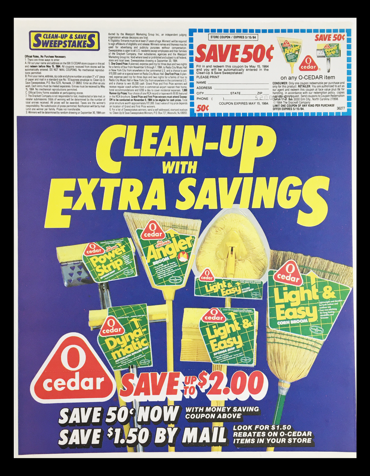 1984 O-Cedar Home Cleaning Products Circular Coupon Advertisement showcasing various O-Cedar cleaning tools with a promotional offer to save up to $2.00.