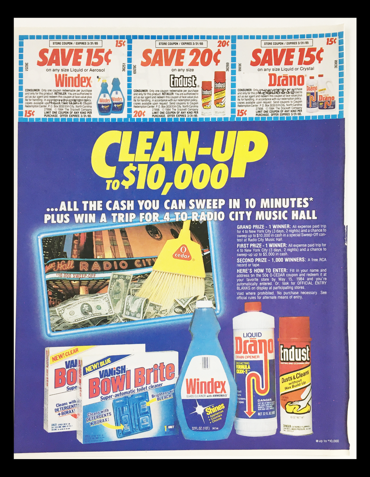1984 Vanish Bowl Brite Toilet Cleaner Circular Coupon Advertisement showcasing a promotional campaign with savings on various cleaning products including Windex, Drano, and Endust, featuring a prize giveaway to Radio City Music Hall.
