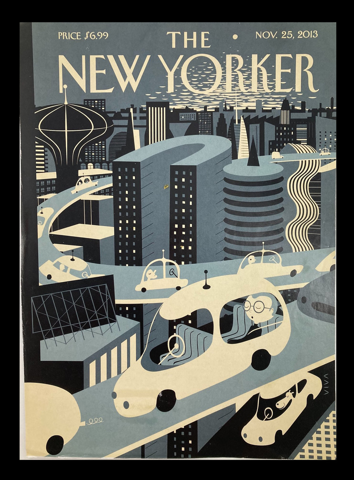 Cover of The New Yorker November 25 2013 titled 'Asleep at the Wheel' by Frank Viva, featuring a stylized cityscape with futuristic vehicles and vibrant color palette.