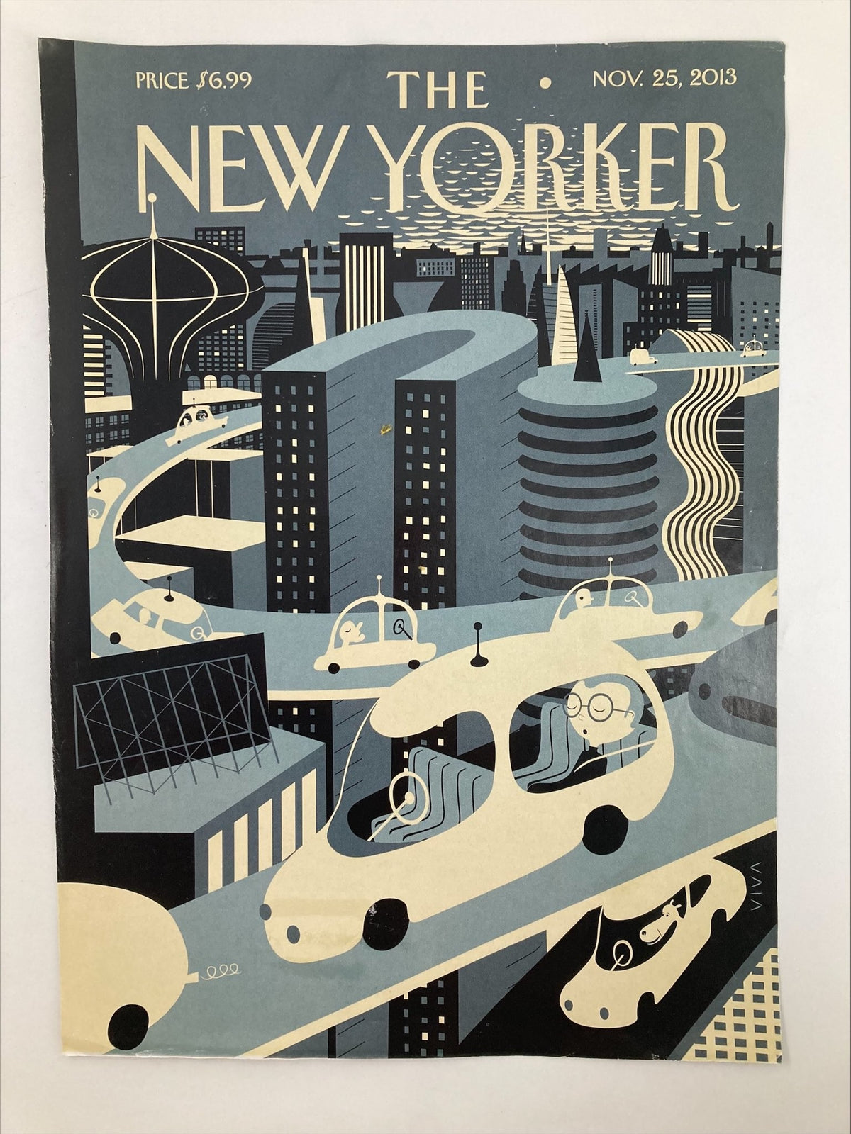 Cover of The New Yorker November 25 2013 titled 'Asleep at the Wheel' by Frank Viva, showcasing a modern urban scene with imaginative cars and striking graphical elements.