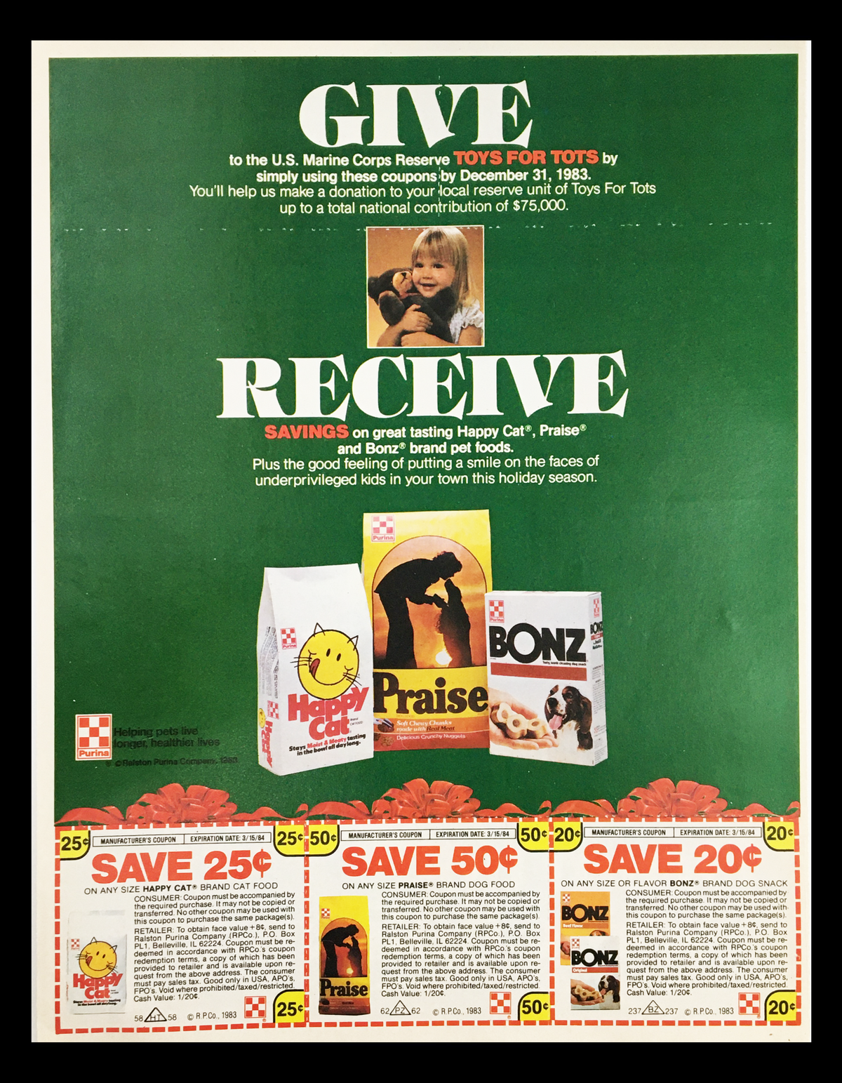 1984 Happy Cats, Praise and Bonz Pet Food Brand Circular Coupon Advertisement featuring promotional offers and donations to Toys for Tots, showcasing products and savings for pet owners.