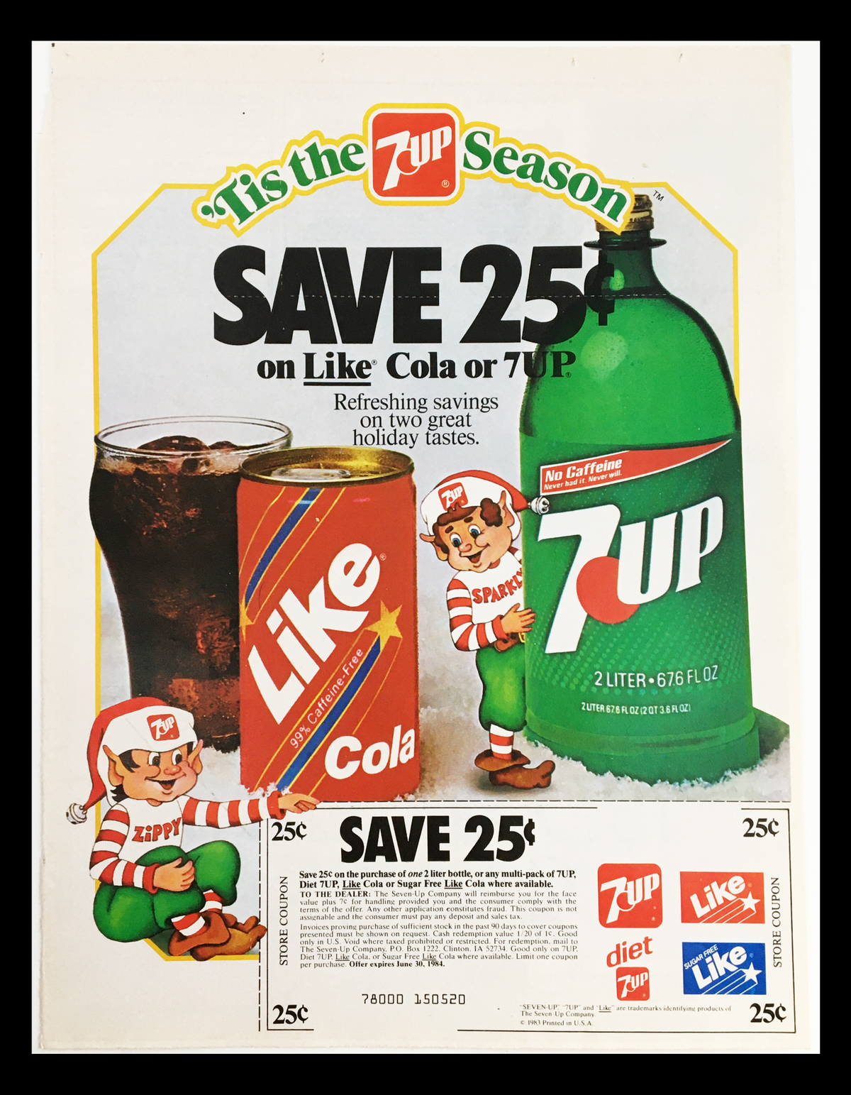 1984 7-Up Season & Like Cola Circular Coupon Advertisement featuring a cheerful mascot holding a 2-liter bottle of 7-Up, alongside a can of Like Cola, promoting a 25-cent savings on holiday beverages.