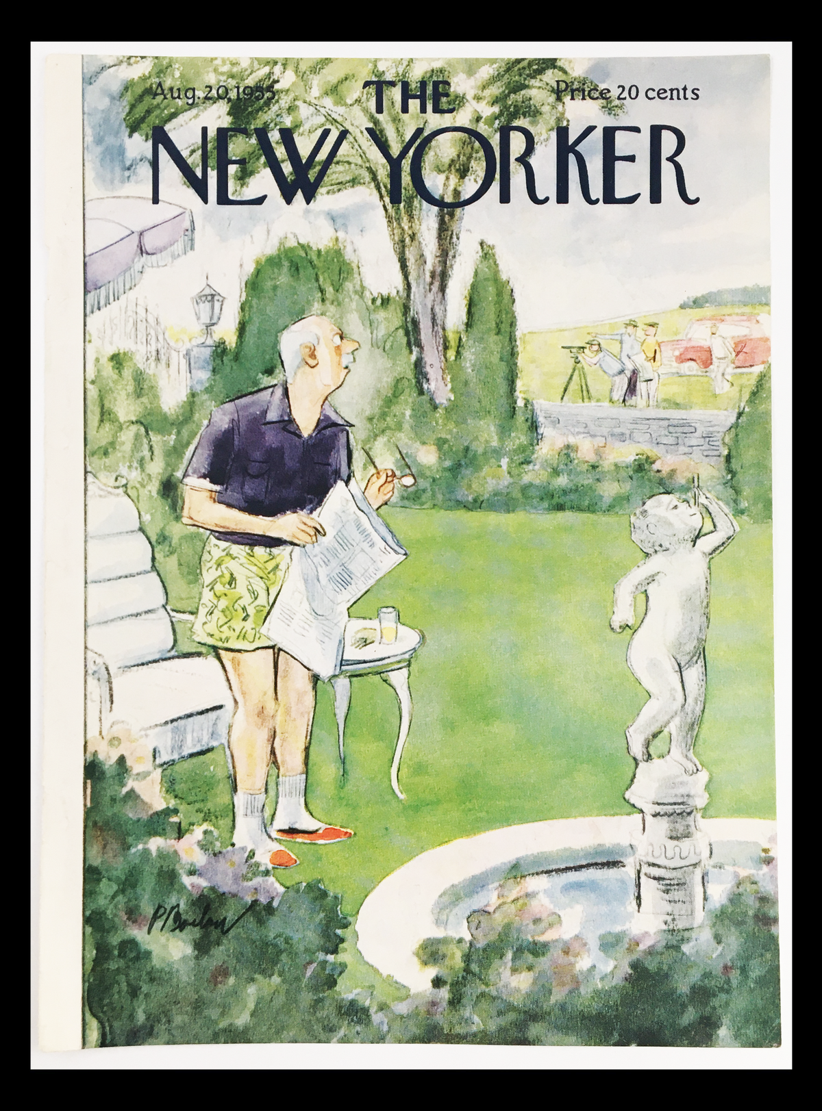 Cover only of The New Yorker August 20, 1955, designed by Perry Barlow, featuring a man in garden attire reading a newspaper with a statue in a fountain.