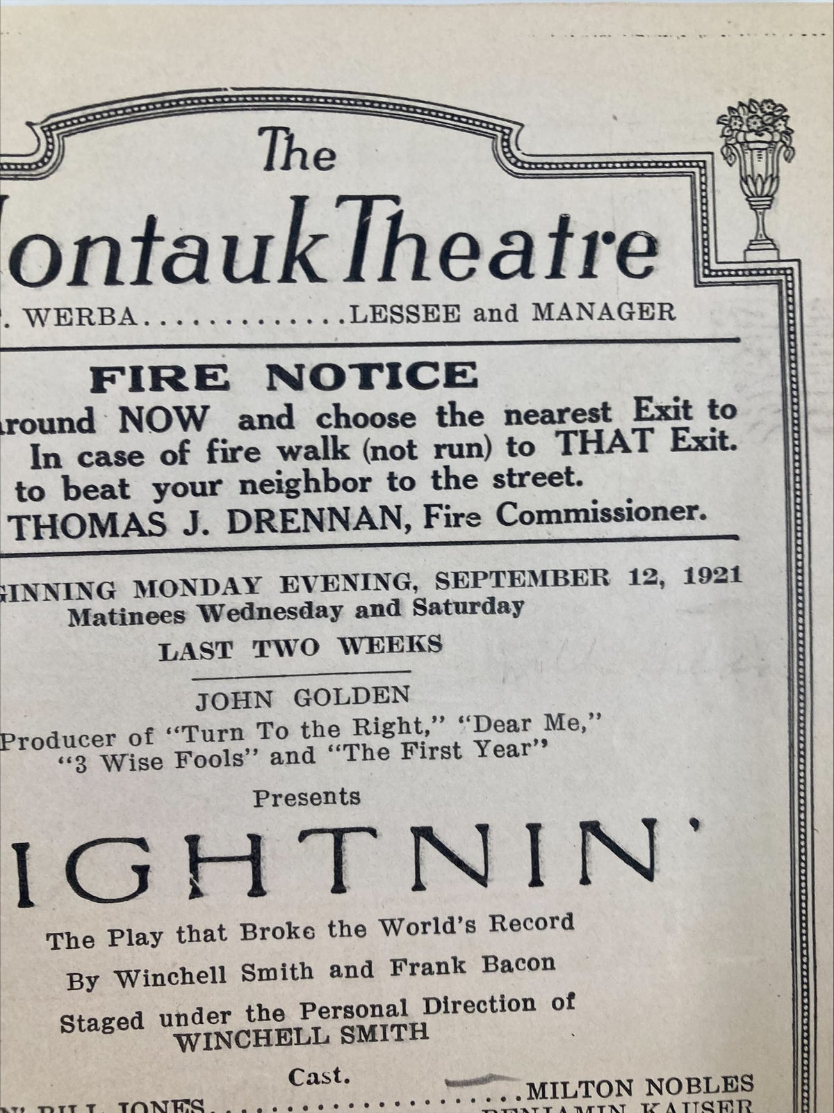 1921 The Montauk Theatre Brooklyn Lightnin' by Winchell Smith & Frank Bacon, showcasing the play details, including notable names and performance schedule.