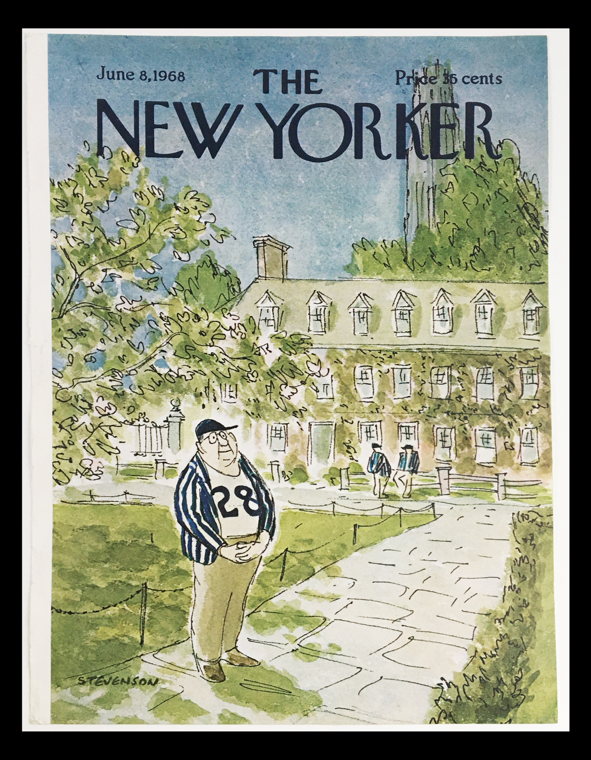 The New Yorker June 8 1968 Full Cover by James Stevenson featuring a man in a striped shirt with the number 28 in front of a historic building surrounded by trees.