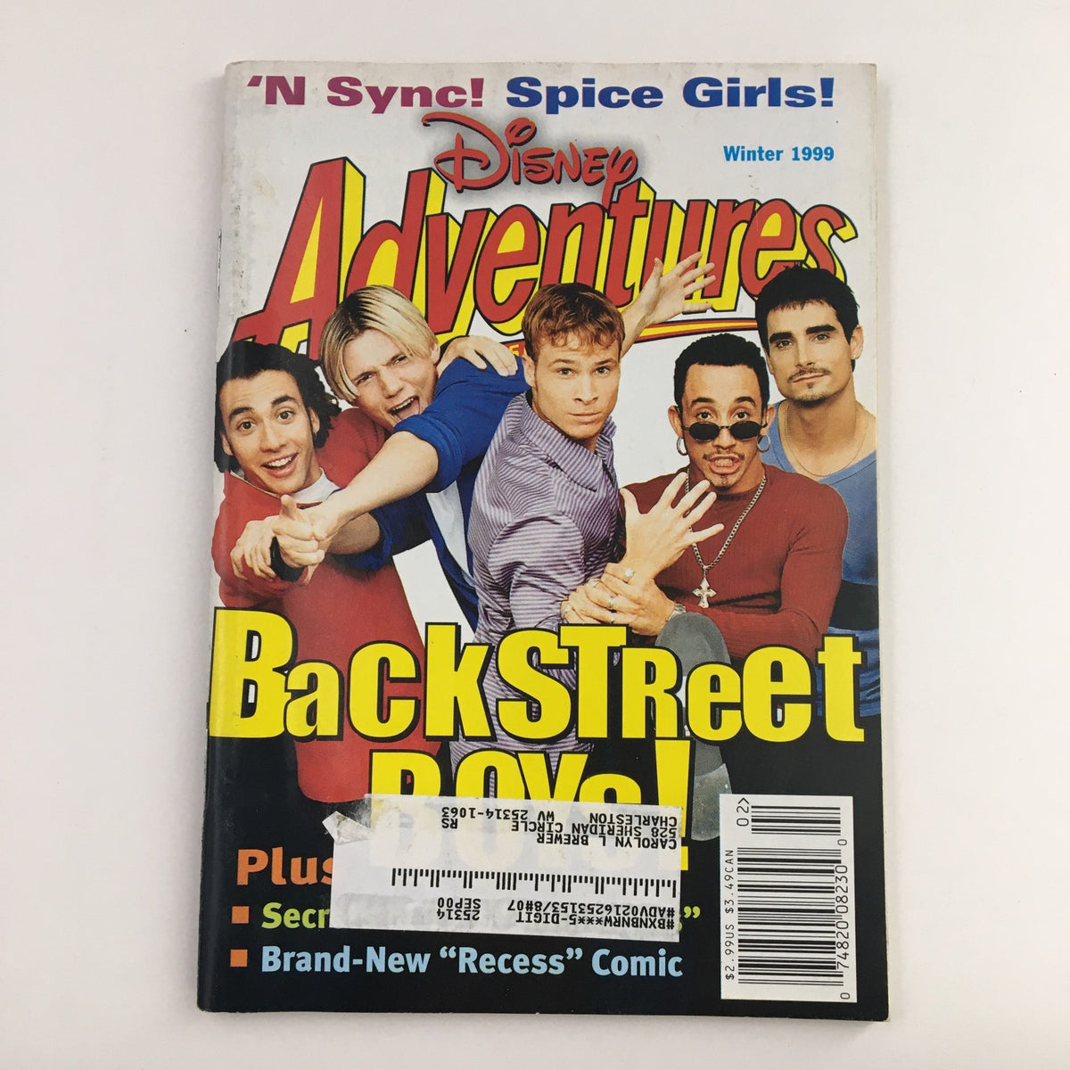 Cover of Disney Adventures Magazine Winter 1999 featuring Backstreet Boys, 'N Sync, and Spice Girls, showcasing popular 90s music icons and nostalgic pop culture.
