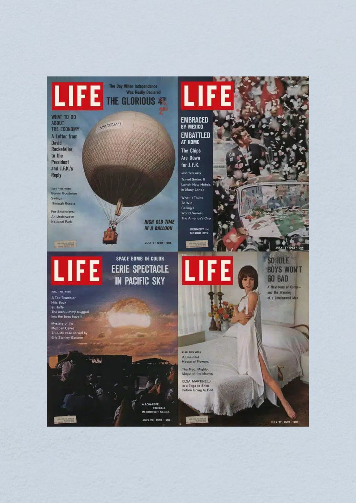 Life Magazine Lot of 4 Full Month July 1962 featuring July 6, 13, 20, and 27 covers with historical themes like hot air balloons, President Kennedy in Mexico, nuclear space bomb tests, and fashion by Elsa Martinelli.