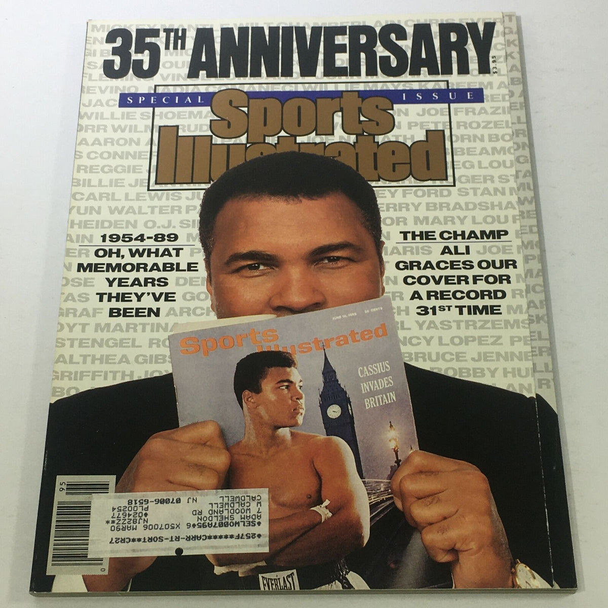 35th Anniversary edition of Sports Illustrated Magazine featuring Muhammad Ali on the cover, holding a vintage issue. This special issue celebrates Ali's legendary boxing career, as part of the 'Lot of 8 1950s-1980s Sports Illustrated Magazine Boxing Collection ALI Liston'.