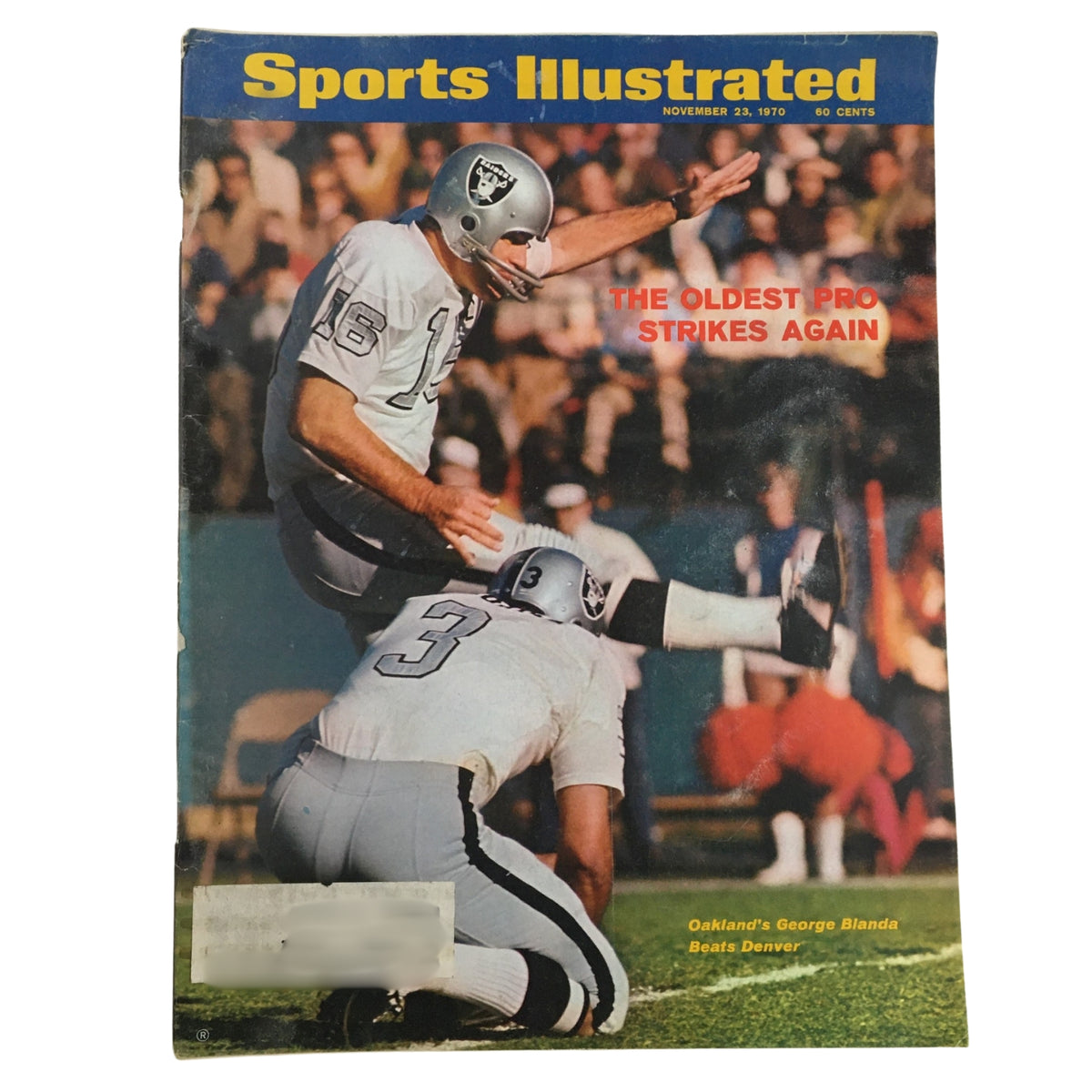 Cover of Sports Illustrated magazine from November 23, 1970, titled 'The Oldest Pro Strikes Again', featuring George Blanda of the Oakland Raiders, highlighting notable NFL moments, part of a lot of 8 1960s-1970s Sports Illustrated Magazine NFL Collections.