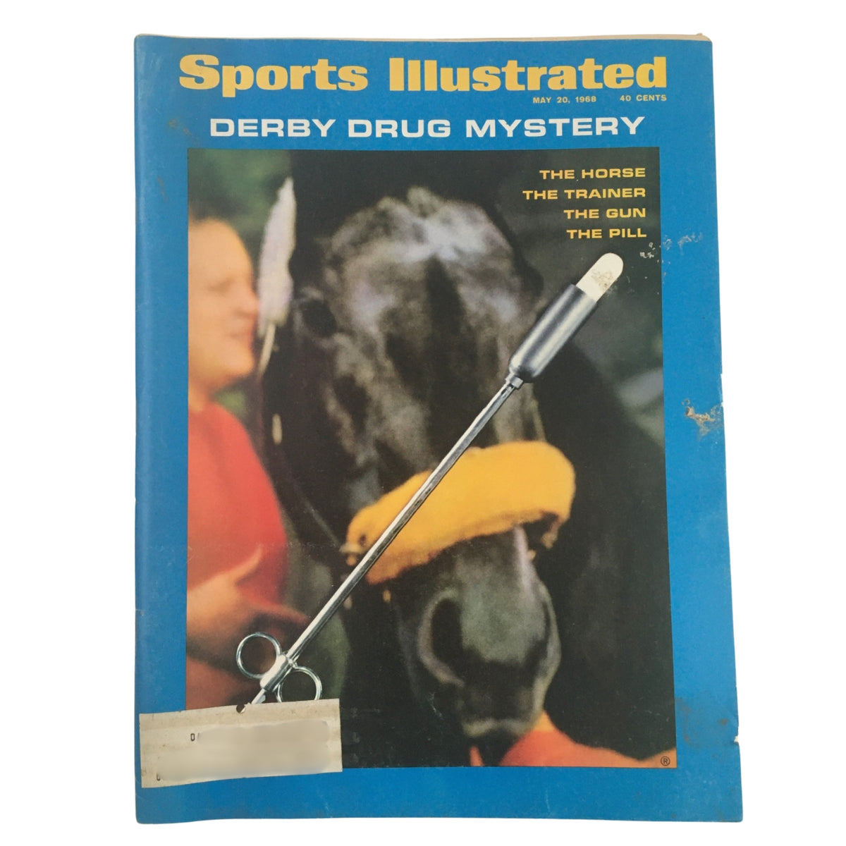 Sports Illustrated cover from May 20, 1968, titled 'Derby Drug Mystery,' illustrating a horse and trainer, capturing intrigue in horse racing. Lot of 9 1960s Sports Illustrated Magazine Miscellaneous Collection.