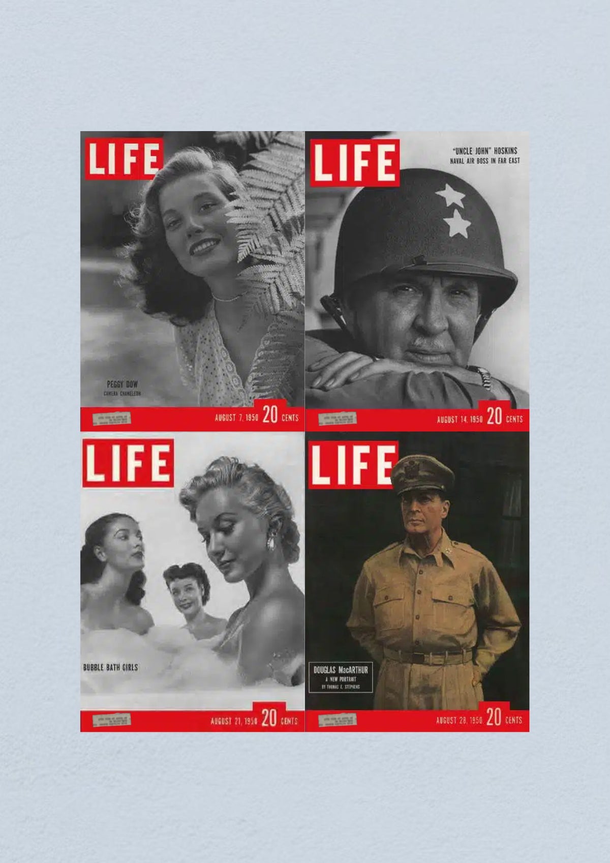 Life Magazine Lot of 4 Full Month August 1950 showcasing covers from August 7, 14, 21, and 28 featuring notable articles and iconic photography.