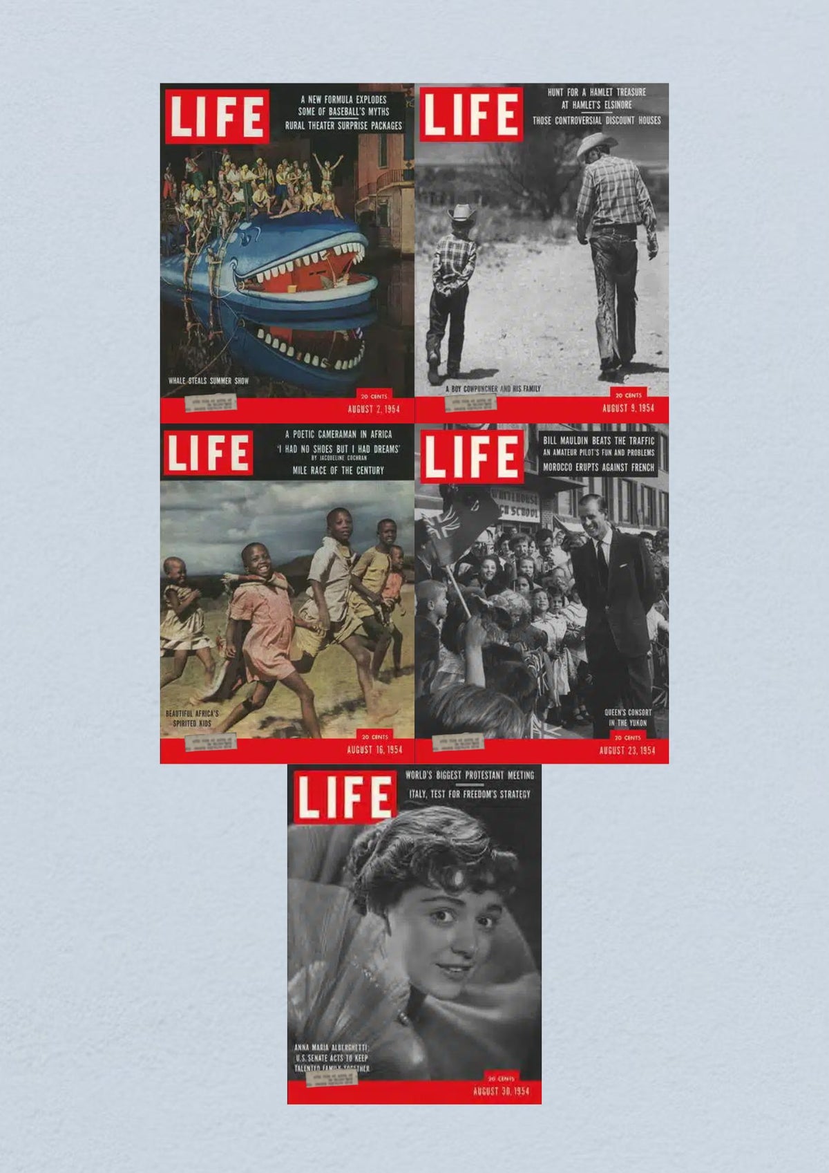 Life Magazine Lot of 5 Full Month August 1954 cover with a young woman smiling elegantly, portraying personal stories and societal shifts in America during the Civil Rights Era.