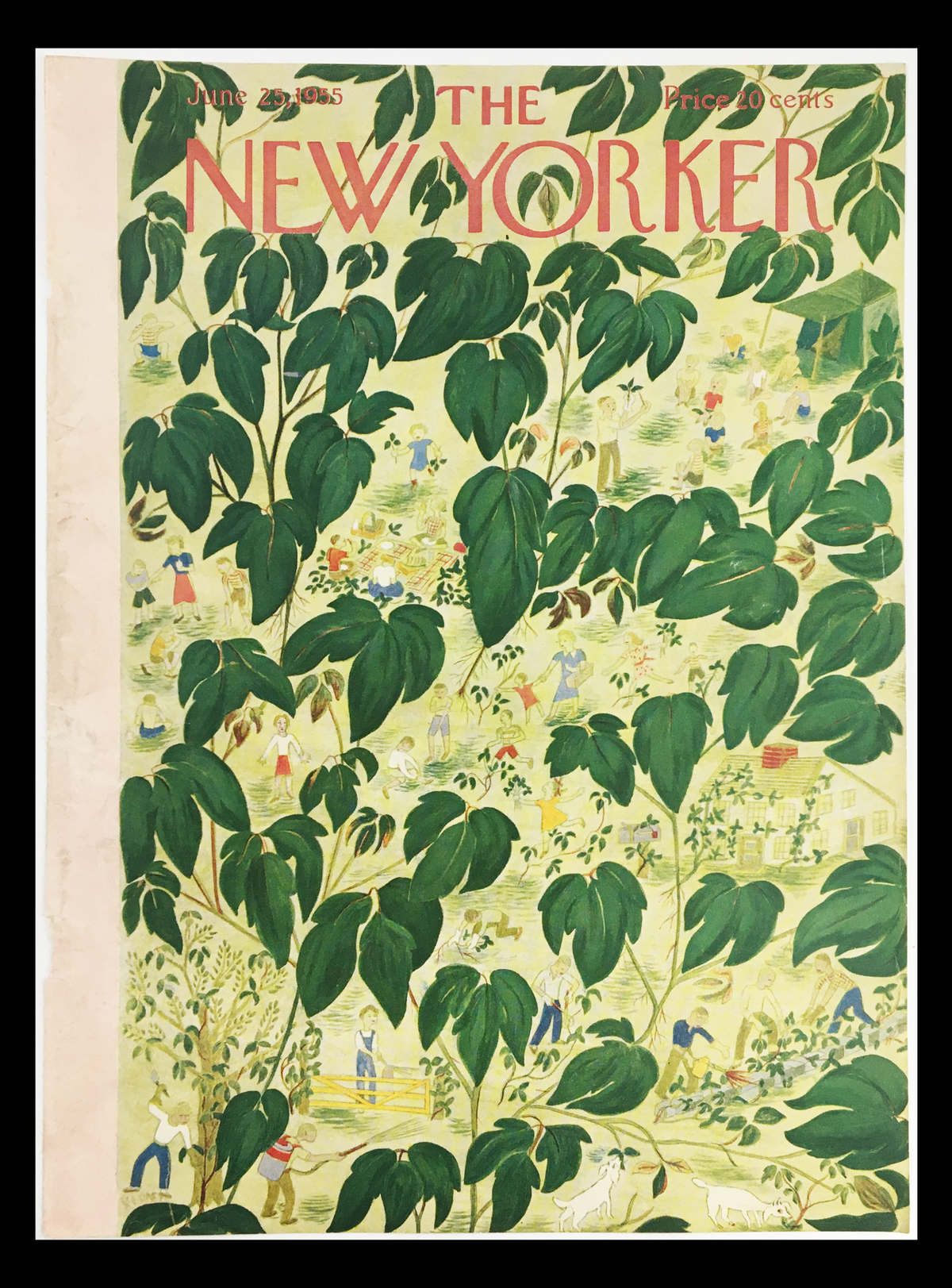 Cover of The New Yorker June 25, 1955 featuring a vibrant design by Ilonka Karasz, showcasing lush green leaves overlaying a scene of children playing in a picturesque outdoor setting.