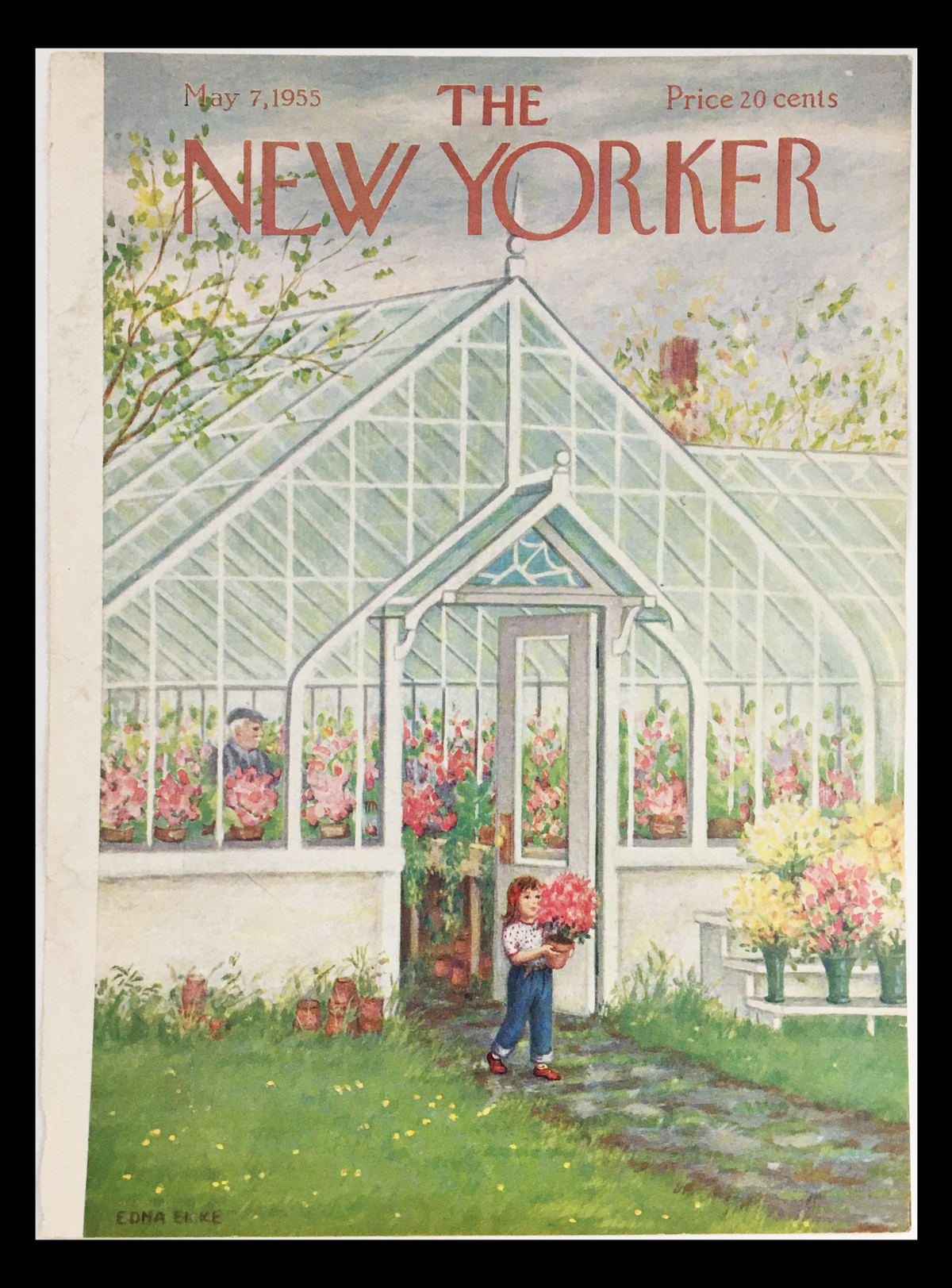 Cover of The New Yorker magazine dated May 7, 1955, featuring an illustration by Edna Eicke, depicting a girl holding a flower pot near a greenhouse filled with colorful flowers.