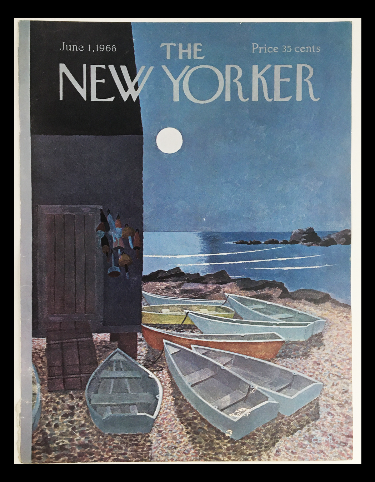 Cover of The New Yorker dated June 1, 1968, featuring artwork by Charles E. Martin. The illustration depicts a serene shoreline with boats and a bright moon, encapsulating mid-century artistic style.