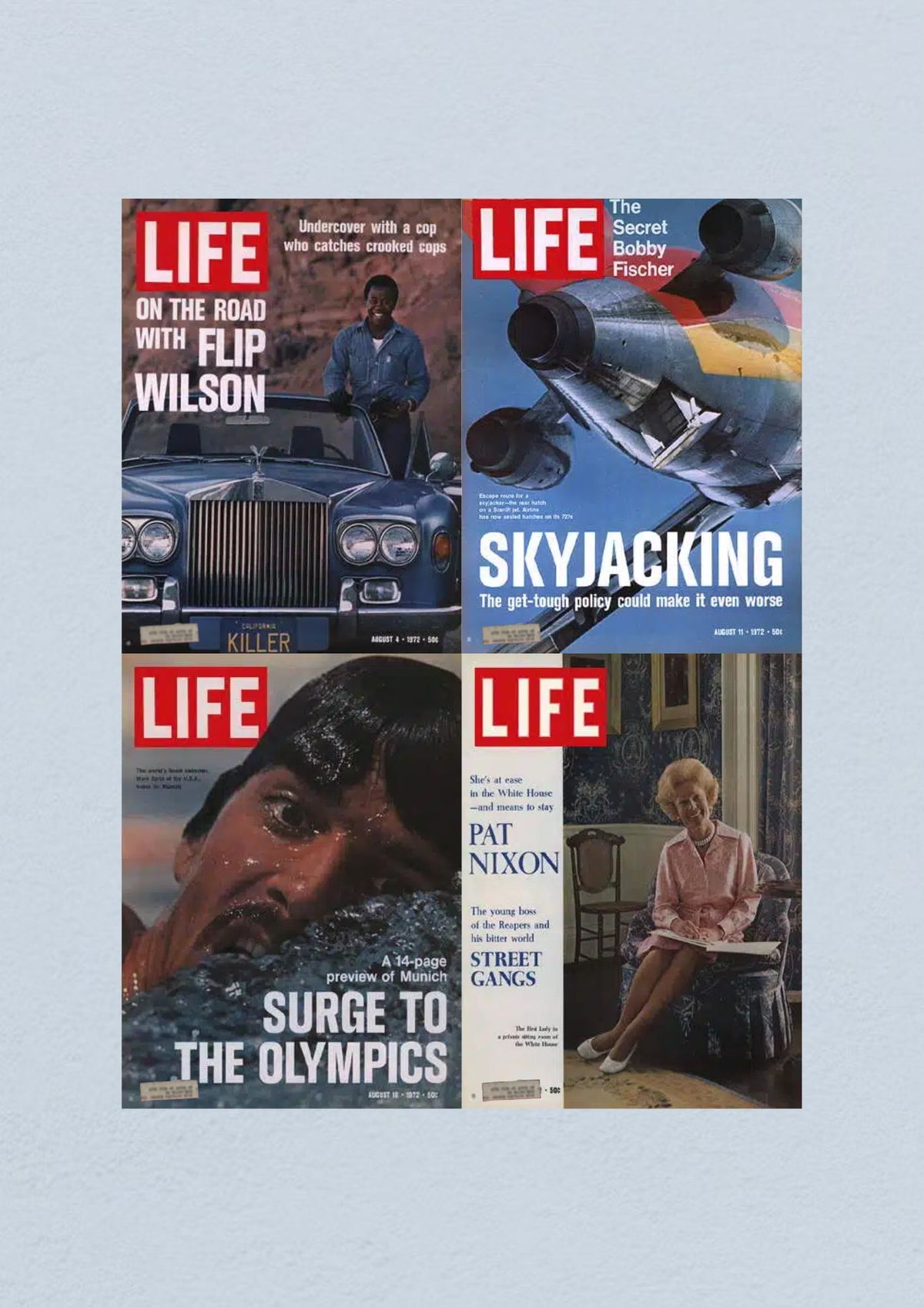Life Magazine Lot of 4 Full Month of August 1972 featuring issues from August 4 with Flip Wilson on the cover, August 11 covering skyjacking, August 18 with Mark Spitz before the Munich Olympics, and August 25 showcasing Pat Nixon.
