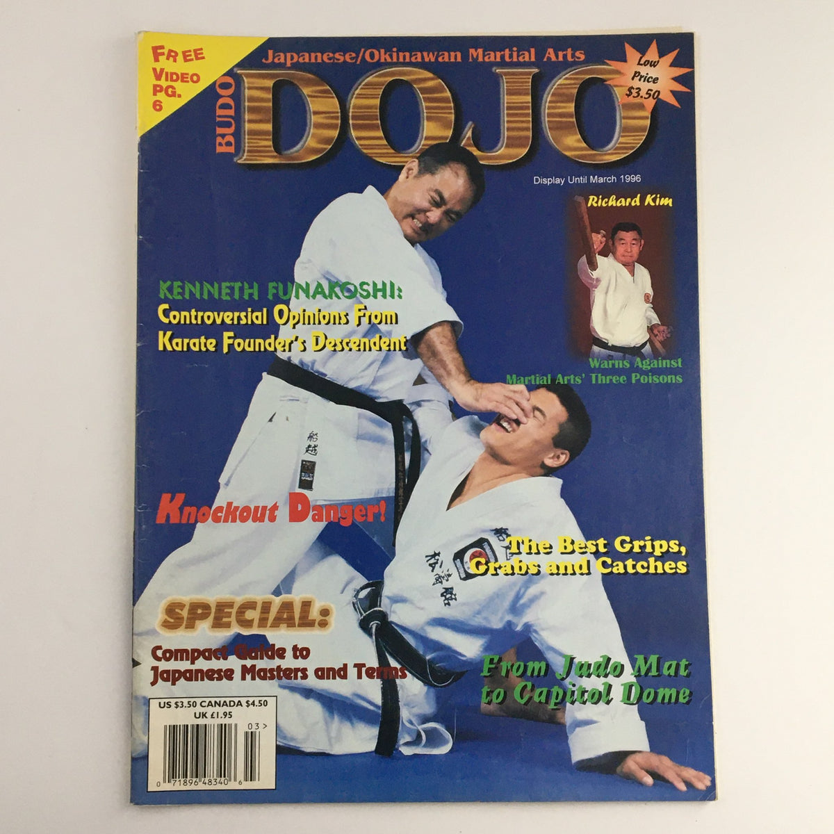 Cover of Budo Dojo Magazine March 1996 featuring Master Kenneth Funakoshi demonstrating martial arts alongside Richard Kim. Headlines discuss controversial opinions from Funakoshi, knockout dangers, and a special guide to Japanese martial arts masters.