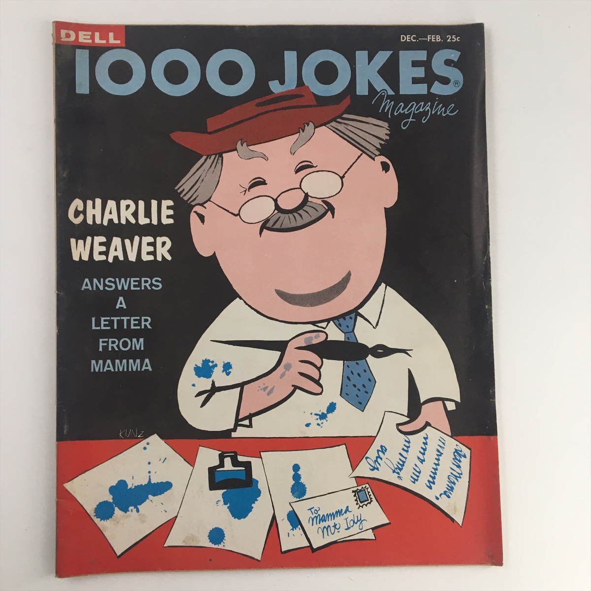 Cover of Dell 1000 Jokes Magazine from December 1960 featuring Charlie Weaver, a character portrayed by Cliff Arquette, with humorous illustrations and text.