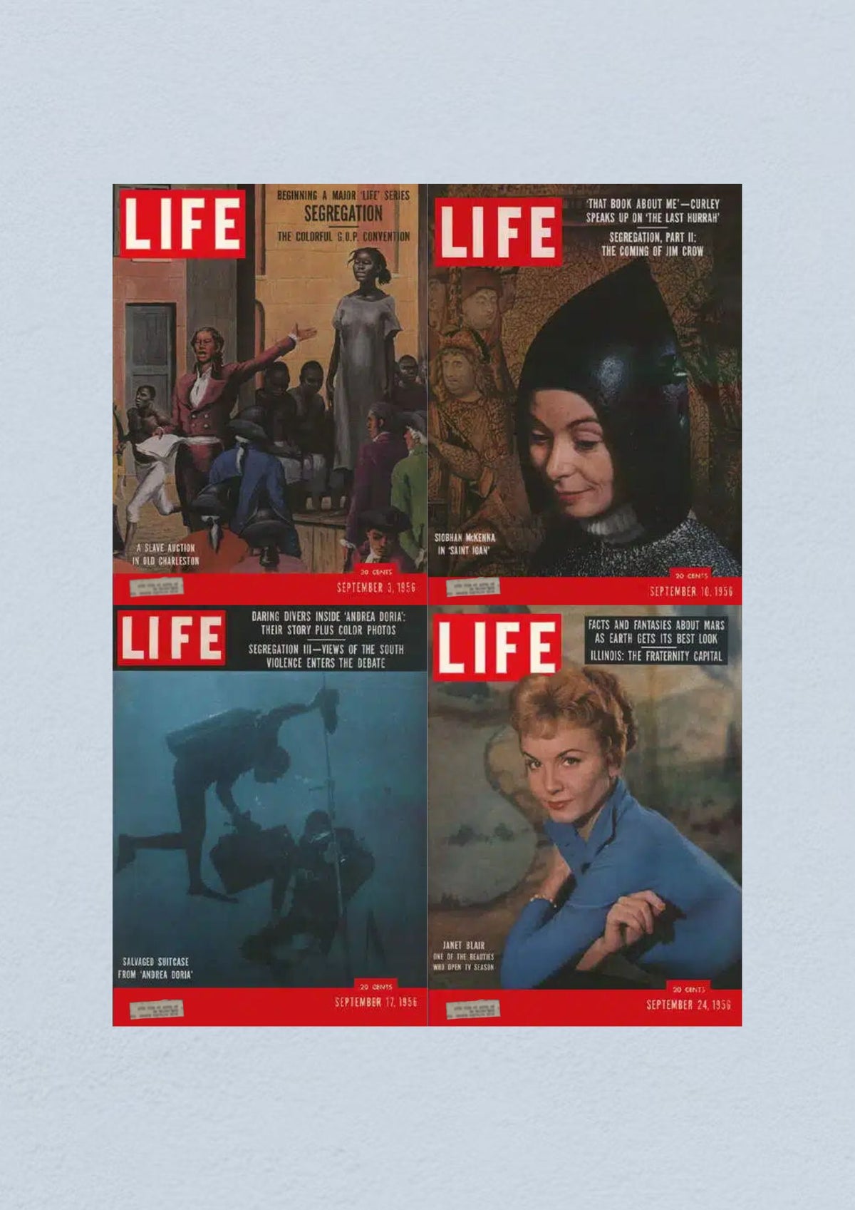 Life Magazine Lot of 4 showcasing September 1956 covers: September 3 features a Slave Auction in Old Charleston; September 10 highlights Siobhan McKenna in Saint Joan; September 17 explores the sunken Andrea Doria; September 24 presents Janet Blair.