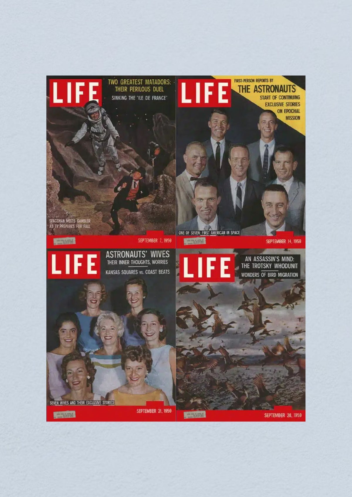 Life Magazine September 1959 covers showcasing the Civil Rights Era: September 7 cover featuring 'Spaceman Meets Gambler' and 'Two Greatest Matadors'; September 14 cover featuring the Mercury 7 astronauts.