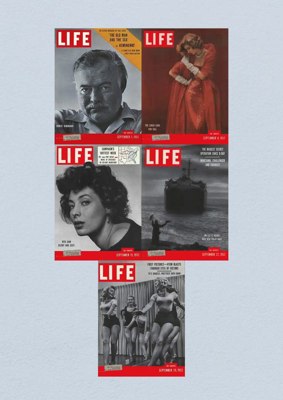 Life Magazine Lot of 5 Full Month September 1952 - Cover of September 29 issue featuring images related to atomic blasts and early television.