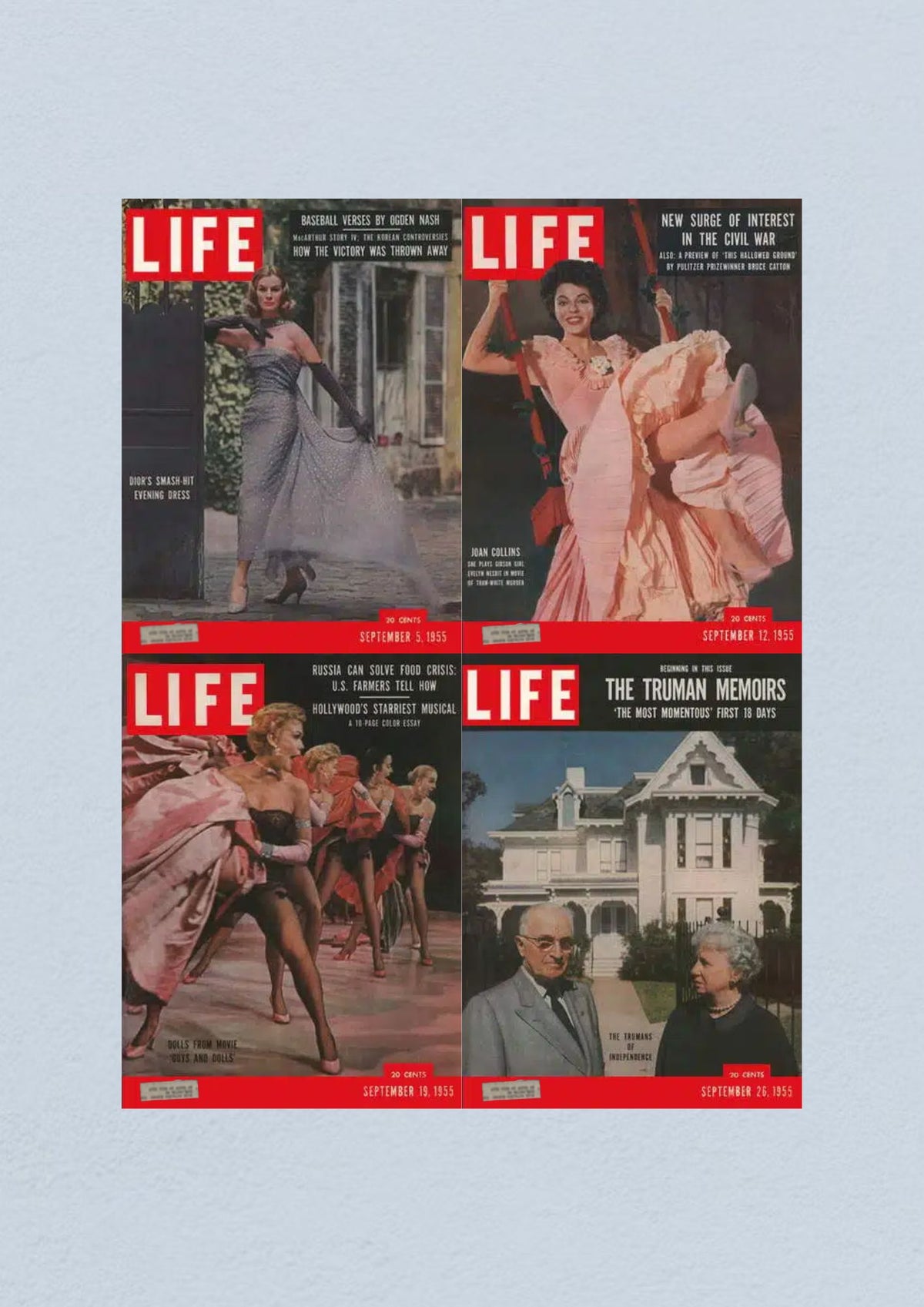 Life Magazine Lot of 4 Full Month September 1955, featuring covers from September 5, 12, 19, and 26, showcasing fashion highlights and significant events of the Civil Rights Era.
