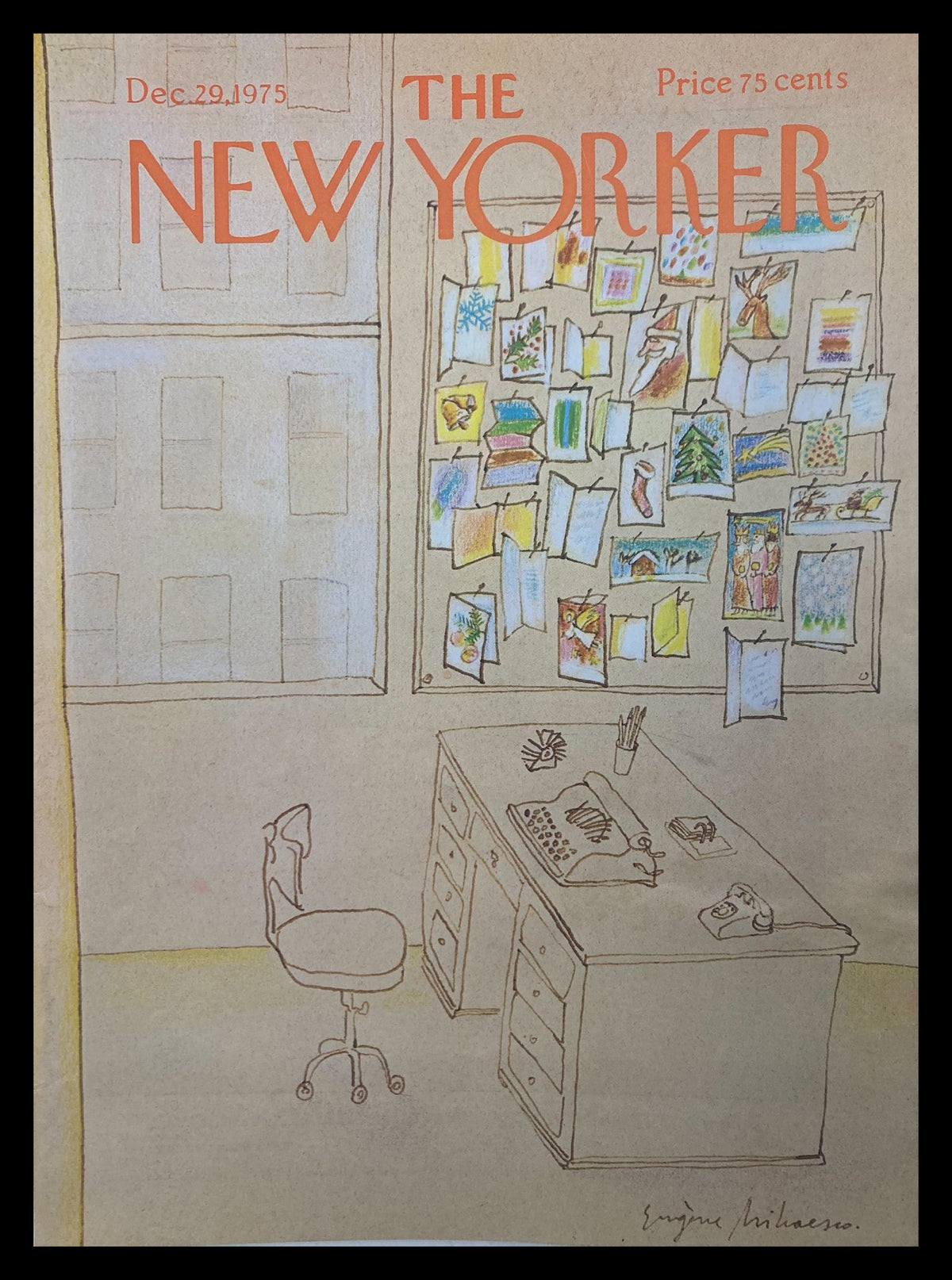 The New Yorker December 29 1975 cover featuring an artistic depiction of a home desk by E. Mihaesco, showcasing a minimalist workspace with a desk, chair, and a bulletin board filled with colorful notes and illustrations.
