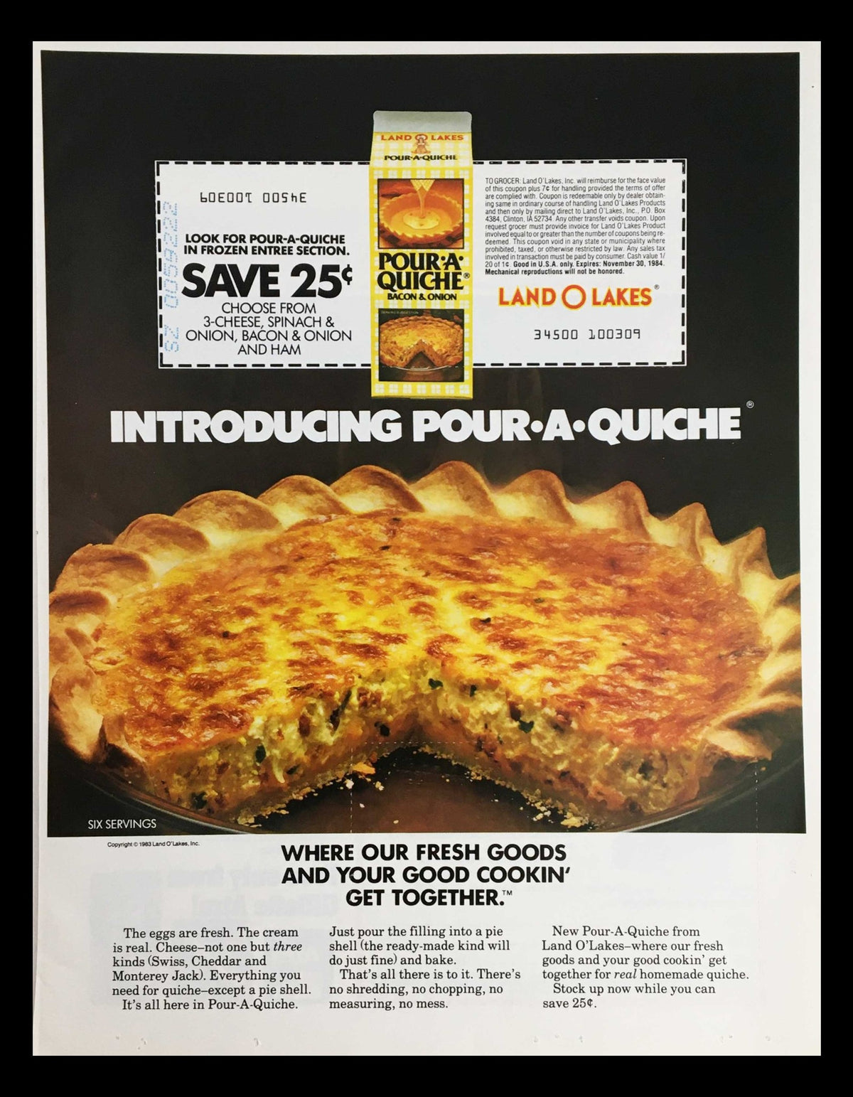 1983 Land O Lakes Pour-A-Quiche Bacon & Onion Circular Coupon Advertisement showcasing a delicious quiche with the text introducing Pour-A-Quiche and a coupon for 25 cents off.
