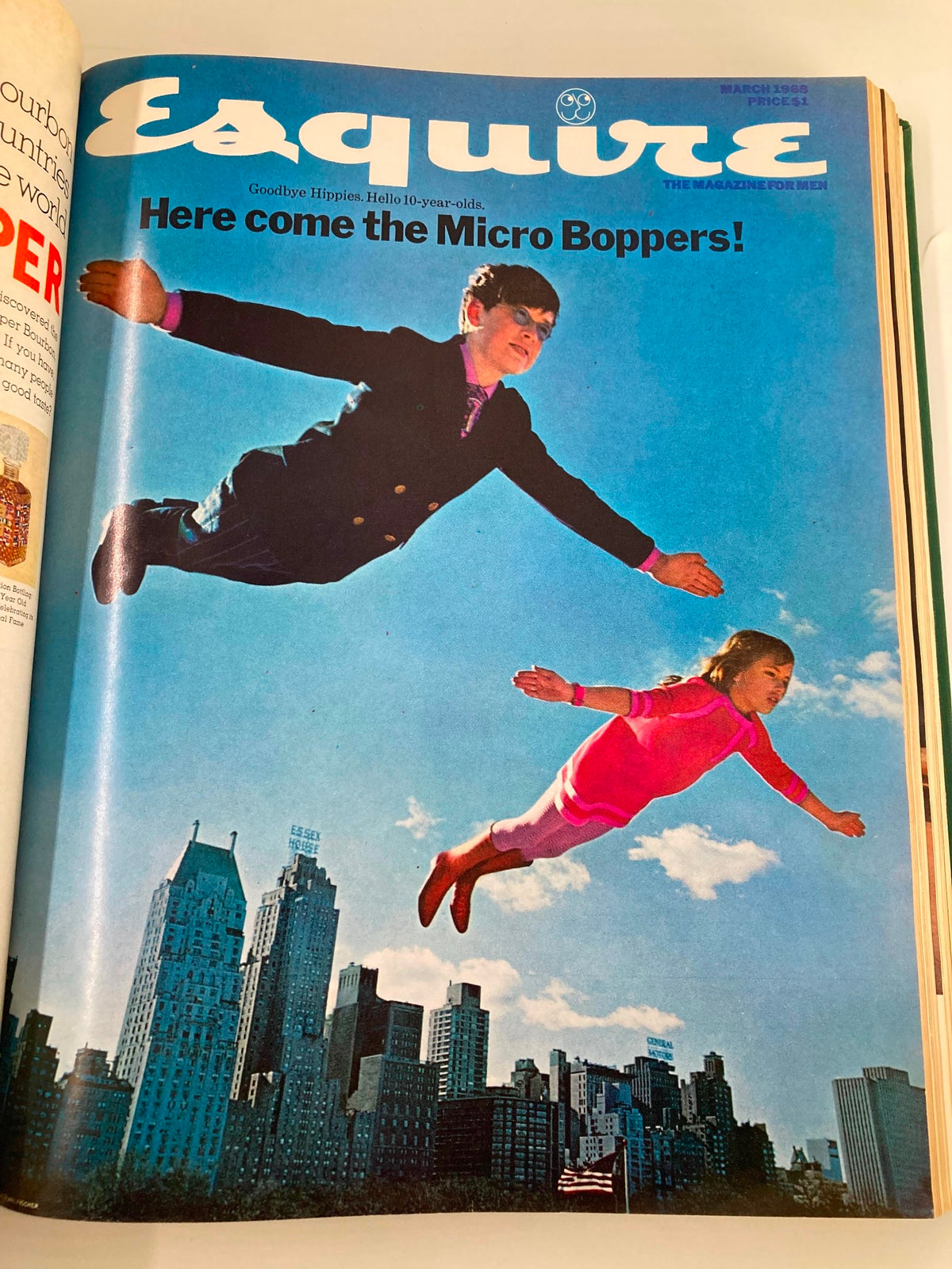 Esquire library bound Magazine January - June 1968 cover featuring children flying over New York City, showcasing the theme 'Here come the Micro Boppers!'.