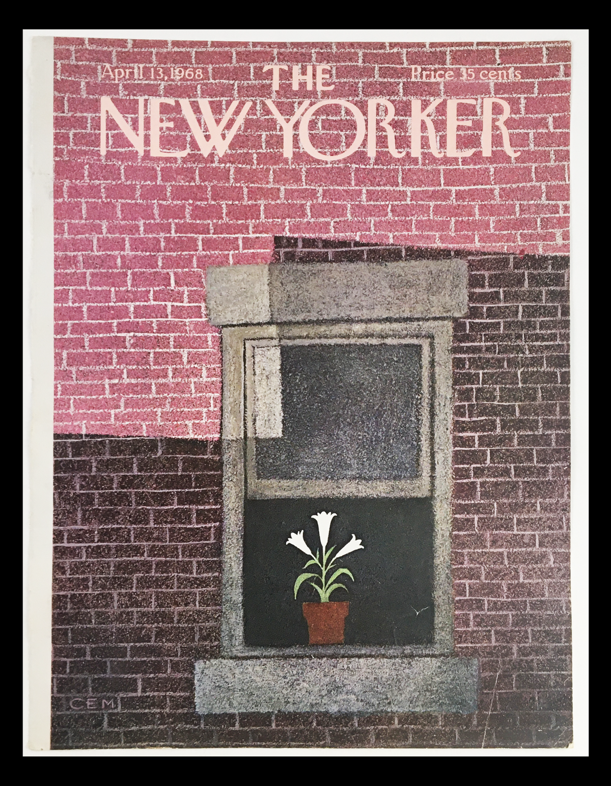 Cover of The New Yorker from April 13, 1968, by Charles E. Martin, featuring a window with a potted flower against a textured brick background.