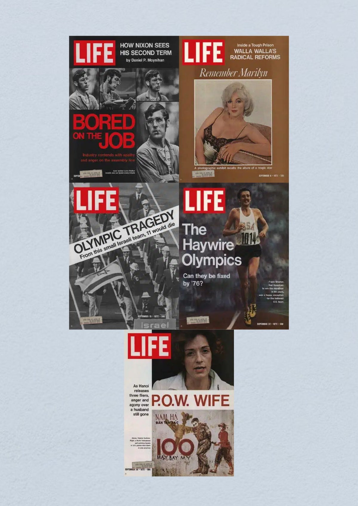 Life Magazine Lot of 5 featuring September 1972 issues including Bored on the Job, Olympic Tragedy, Remember Marilyn, The Haywire Olympics, and P.O.W. Wife.