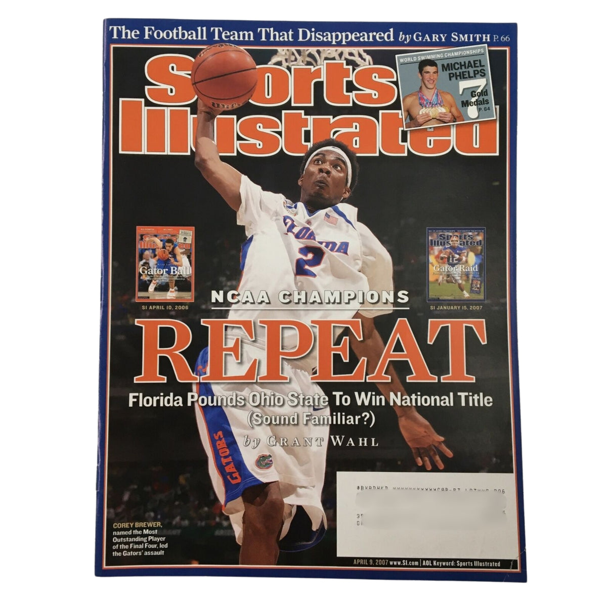 Lot of 10 1980s-2000s Sports Illustrated Magazine NBA NCAA Basketball displaying Florida Gators' Corey Brewer on the cover, celebrating their NCAA Championship victory with a striking basketball action shot.