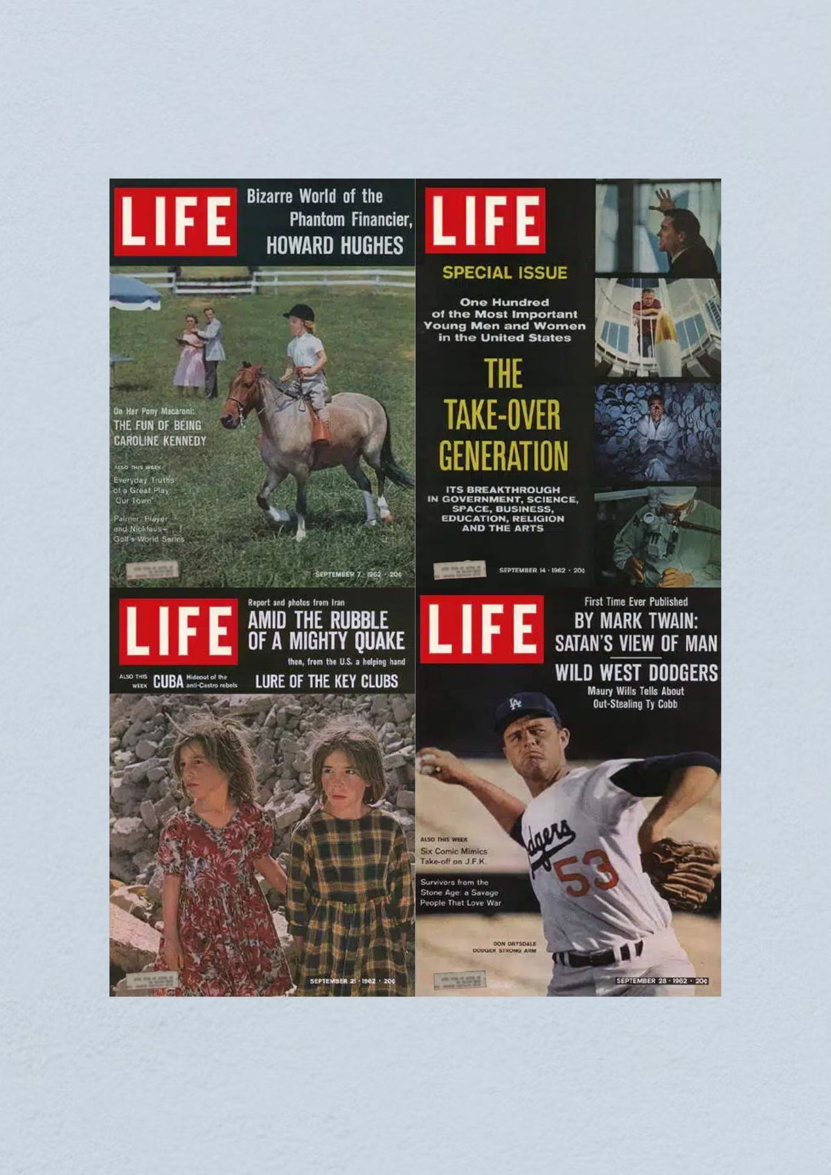 Life Magazine September 1962 Lot of 4 - Full Month: Cover of September 7 features Caroline Kennedy, September 14 'Take-Over Generation' special issue, September 21 highlights earthquake in Iran, and September 28 showcases Los Angeles Dodgers with Don Drysdale.