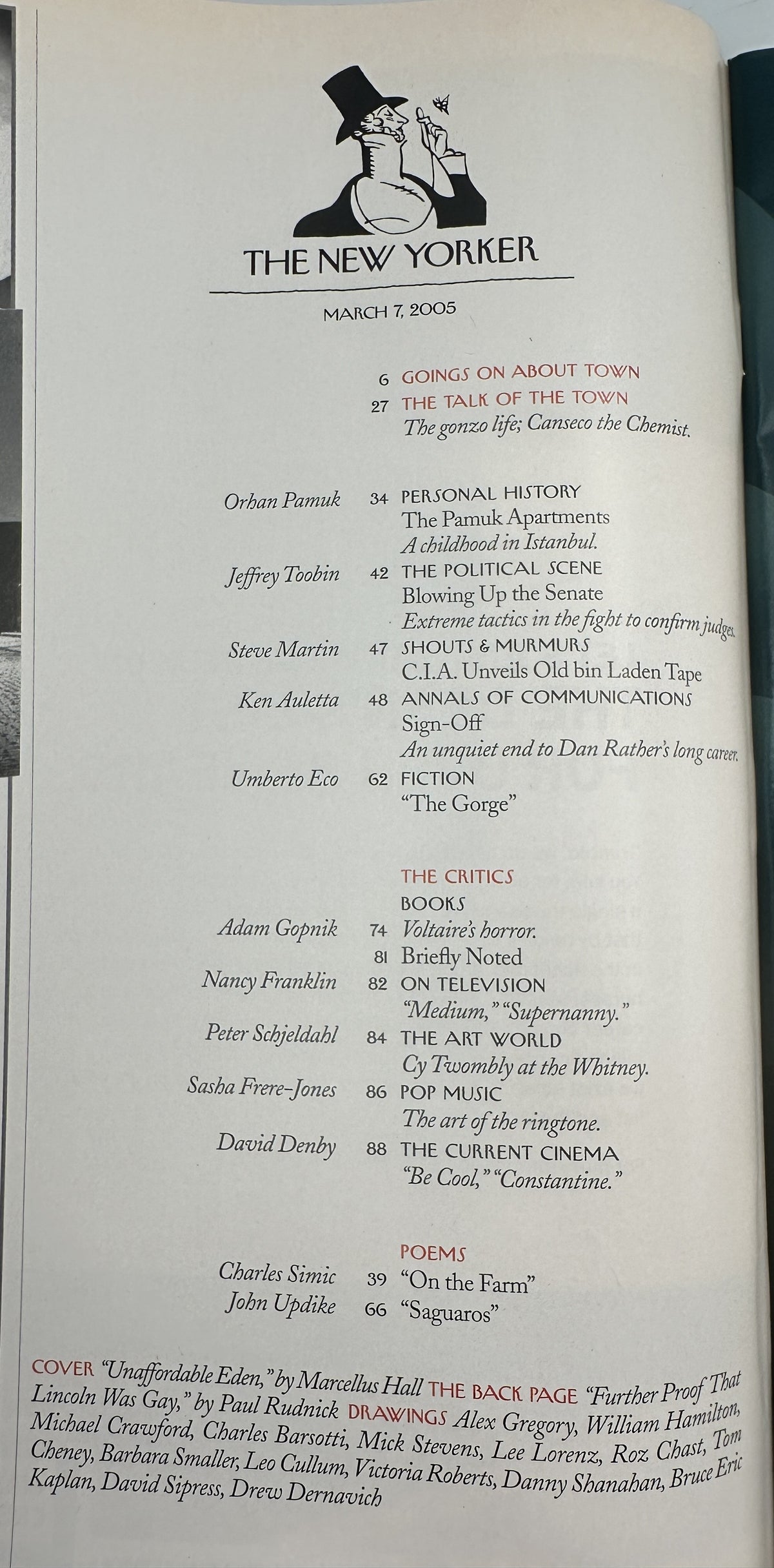 The New Yorker Magazine March 7, 2005 Eden Bridge City Marcellus Hall Cover VG, showing the issue table of contents page with articles by Orhan Pamuk, Jeffrey Toobin, Steve Martin, Umberto Eco, and other contributors.