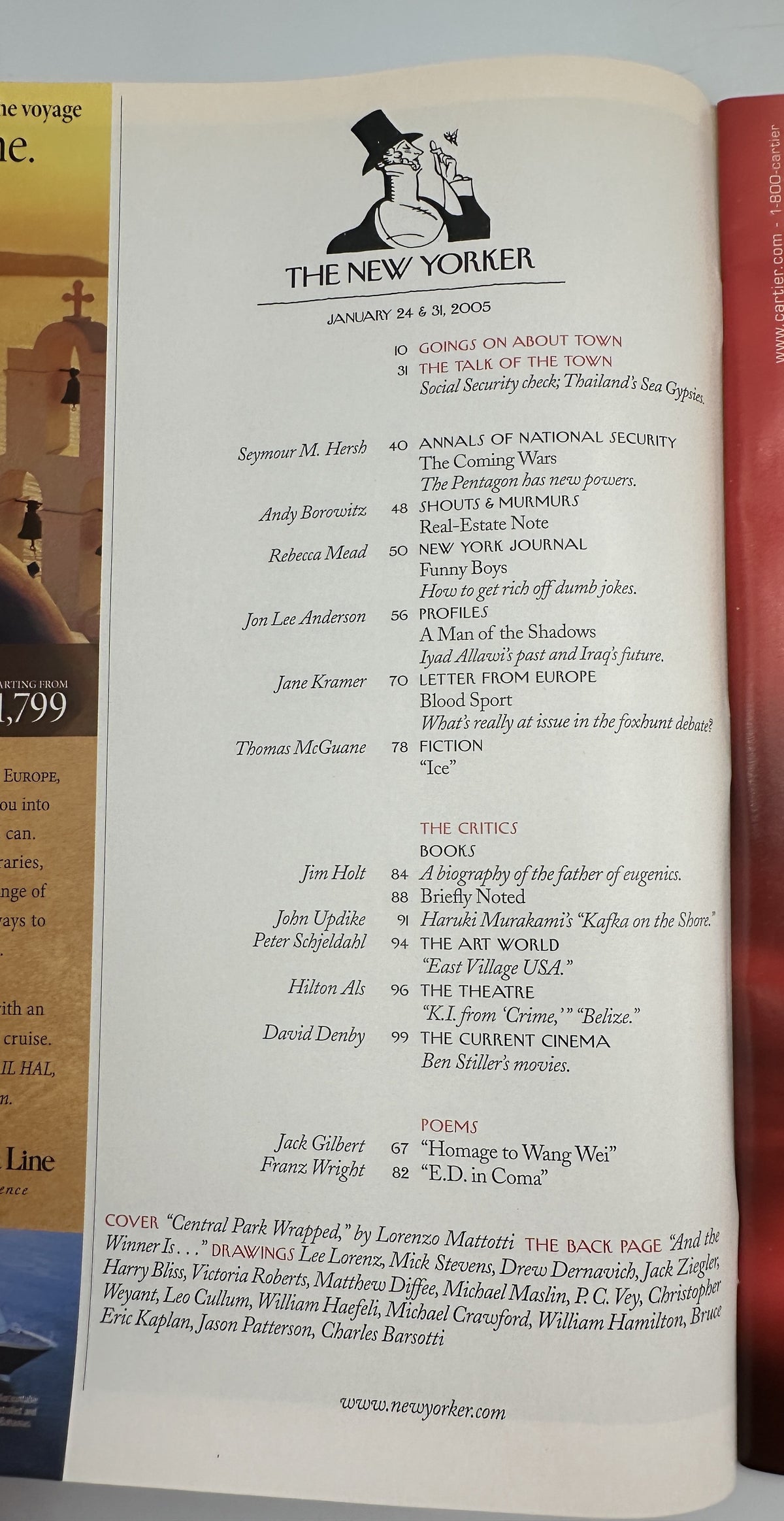 The New Yorker Magazine January 24 & 31, 2005 Wrapped Figures Park Lorenzo Mattotti Cover VG, interior table of contents page showing featured articles, fiction, poems, critics, and drawings