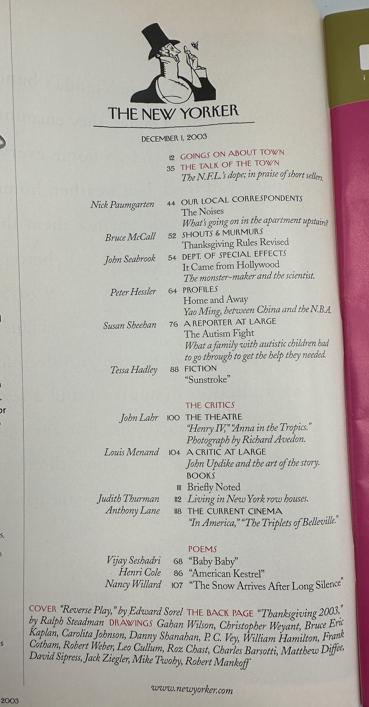 The New Yorker Magazine December 1, 2003 Thanksgiving Kitchen Family Edward Sorel Cover, interior table of contents page listing articles, fiction, poems, criticism, and drawings.