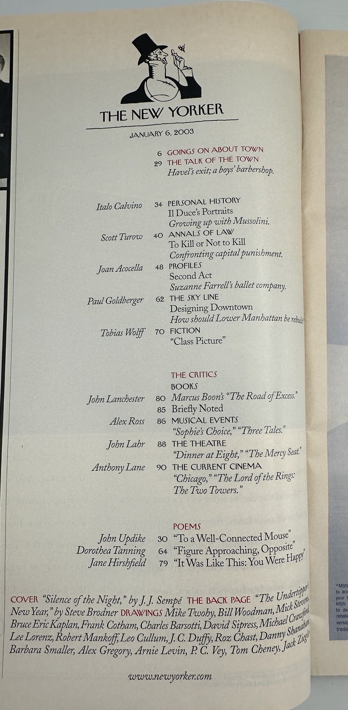 The New Yorker Magazine January 6, 2003 Silence of the Night J. J. Sempé Cover VG, interior table of contents page showing featured articles, poems, fiction, critics, drawings, and cover credits.