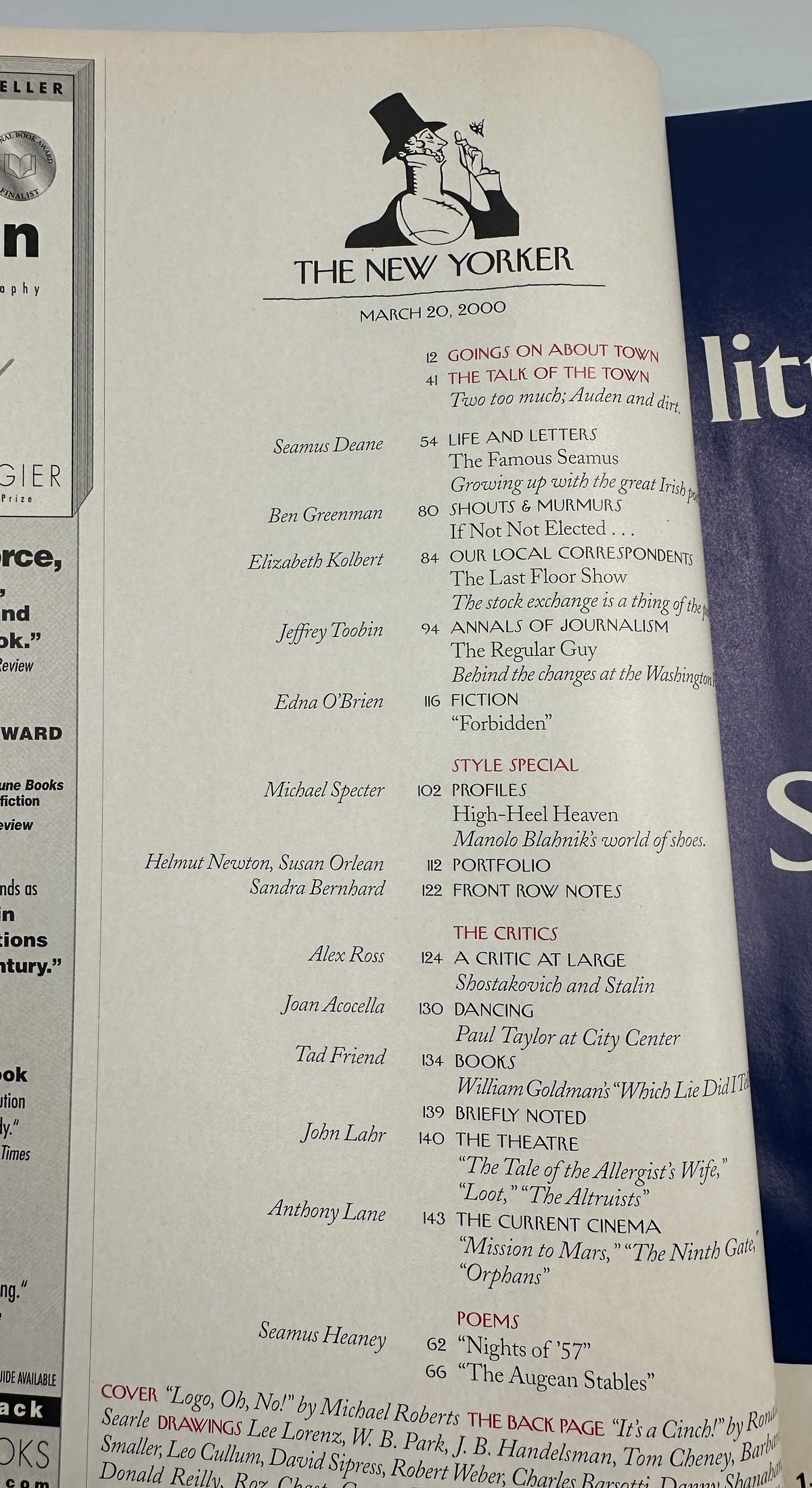 The New Yorker Magazine March 20, 2000 Fashion Designer Logo Michael Roberts Cover VG, interior table of contents page showing articles, poems, style features, and cover credit.