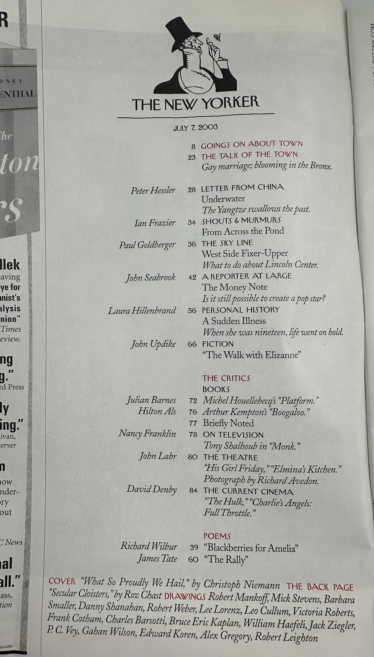The New Yorker Magazine July 7, 2003 BBQ Hot Dogs Grill Christoph Niemann Cover VG, interior table of contents page with featured articles, fiction, reviews, poems, and cartoons